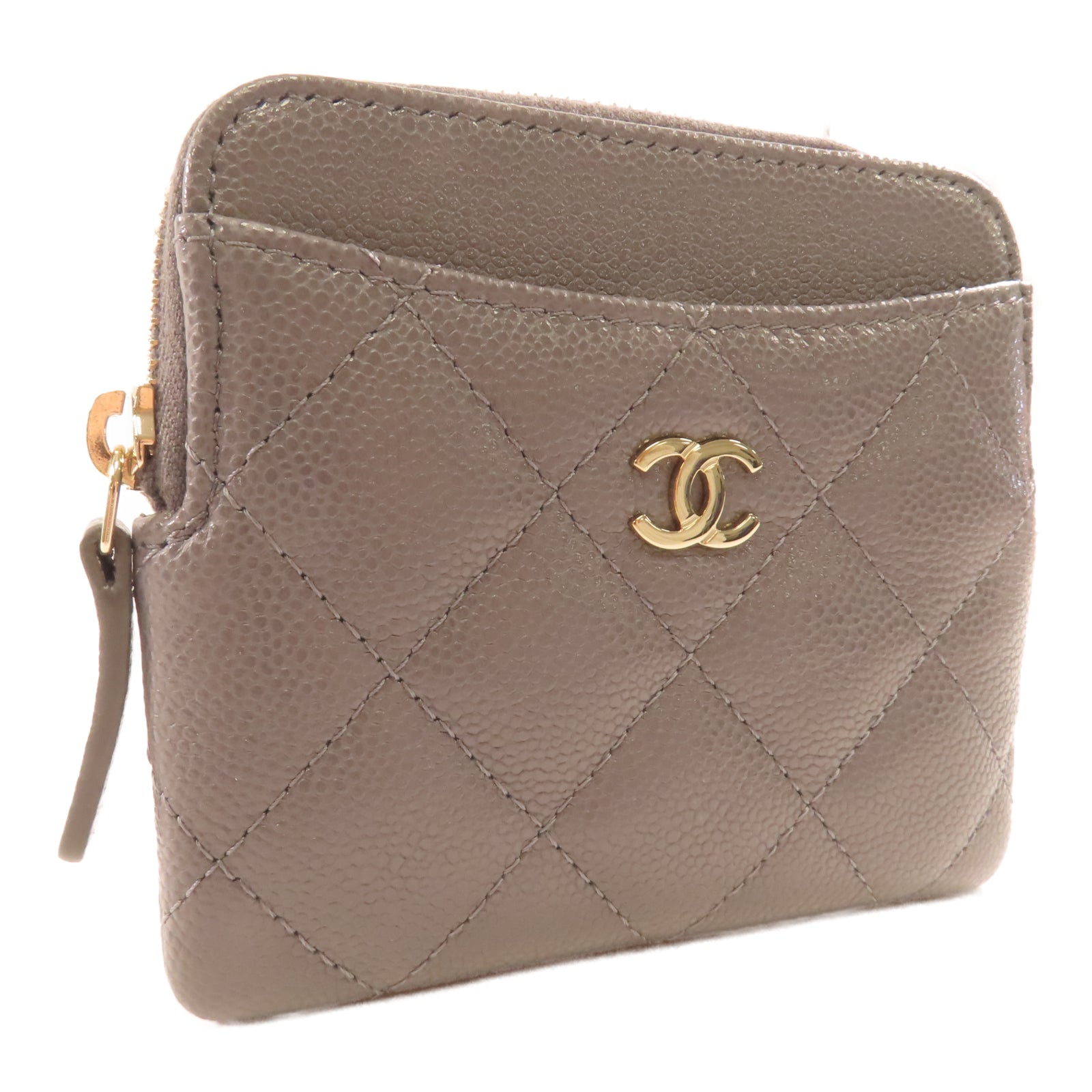 CHANEL 菱格牛皮皮革Wallet金扣錢包灰色