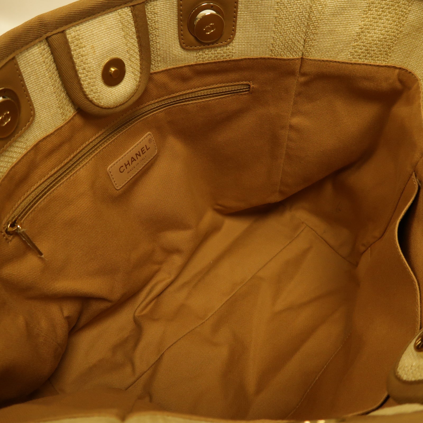 CHANEL 酒椰/帆布Deauville Tote Bag金扣肩背袋米色