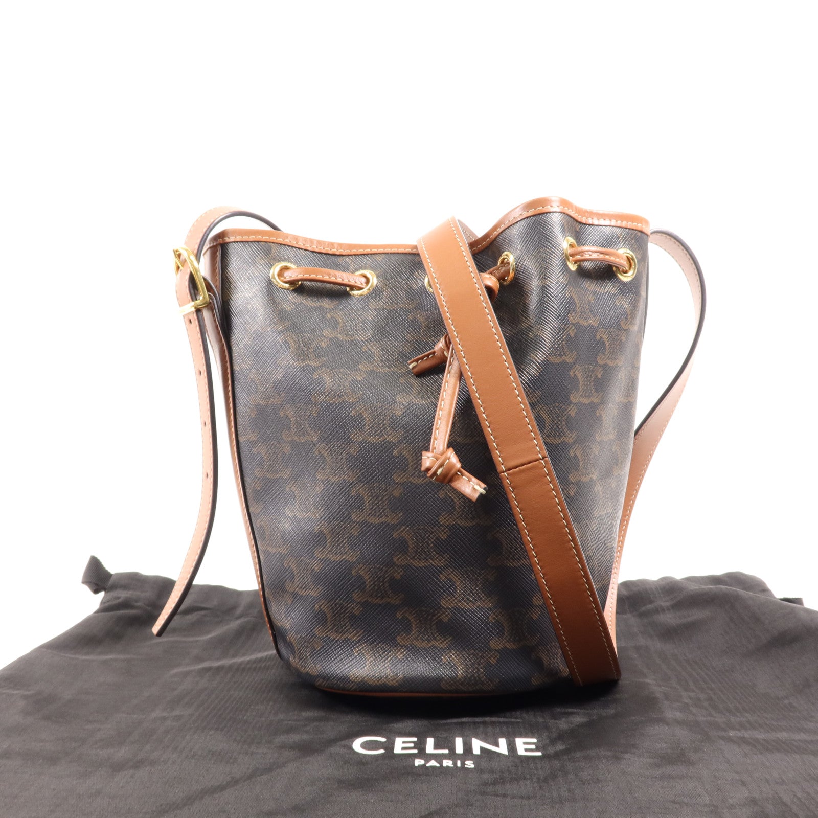 CELINE 塗層帆布Triomphe Drawstring Small Bucket金扣肩背袋