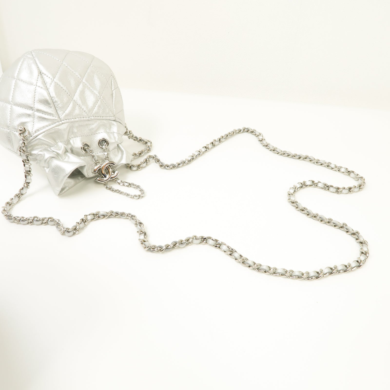 CHANEL 菱格牛皮皮革Chain Shoulder Bag銀扣鏈帶肩背袋銀色