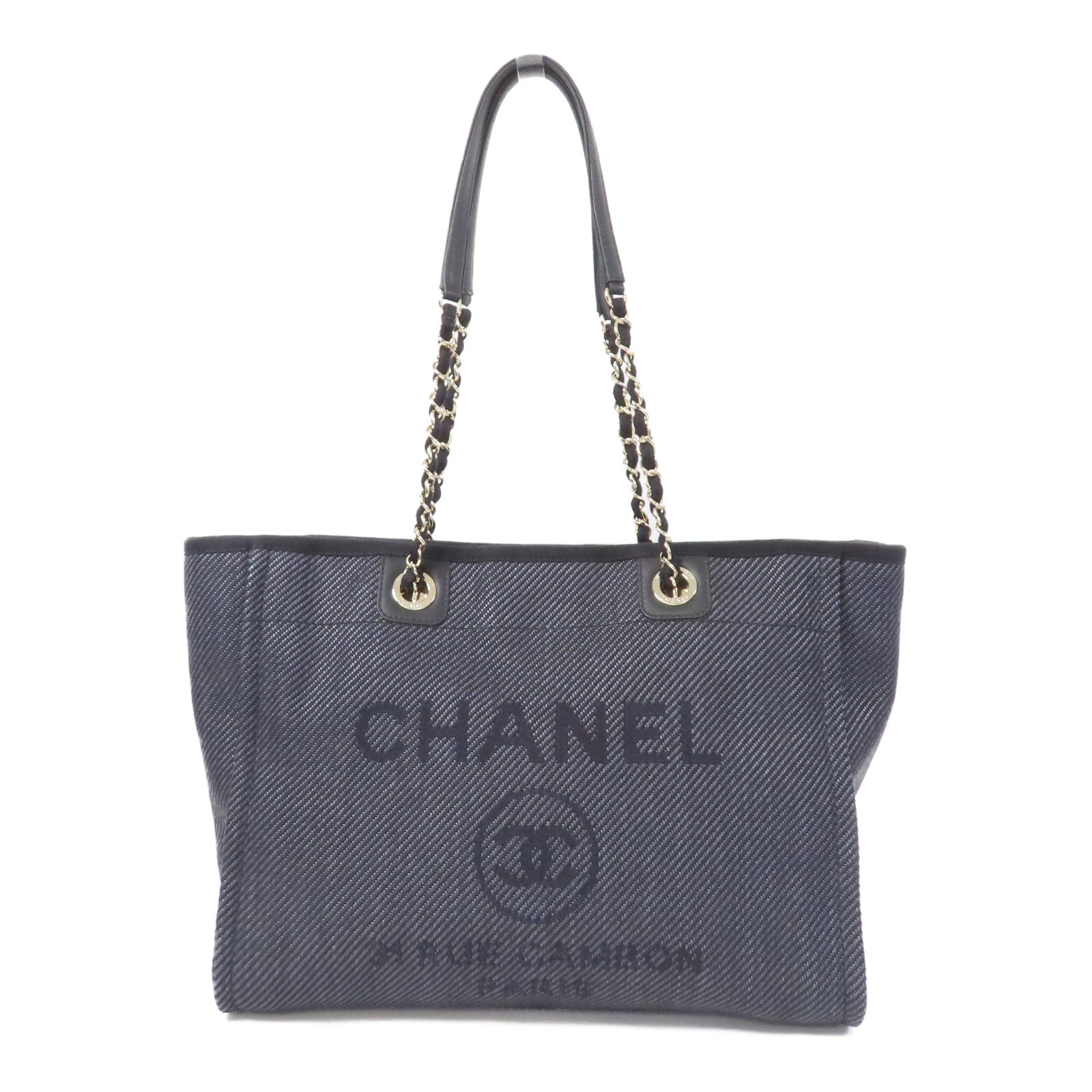 CHANEL 帆布Deauville銀扣手挽袋黑色