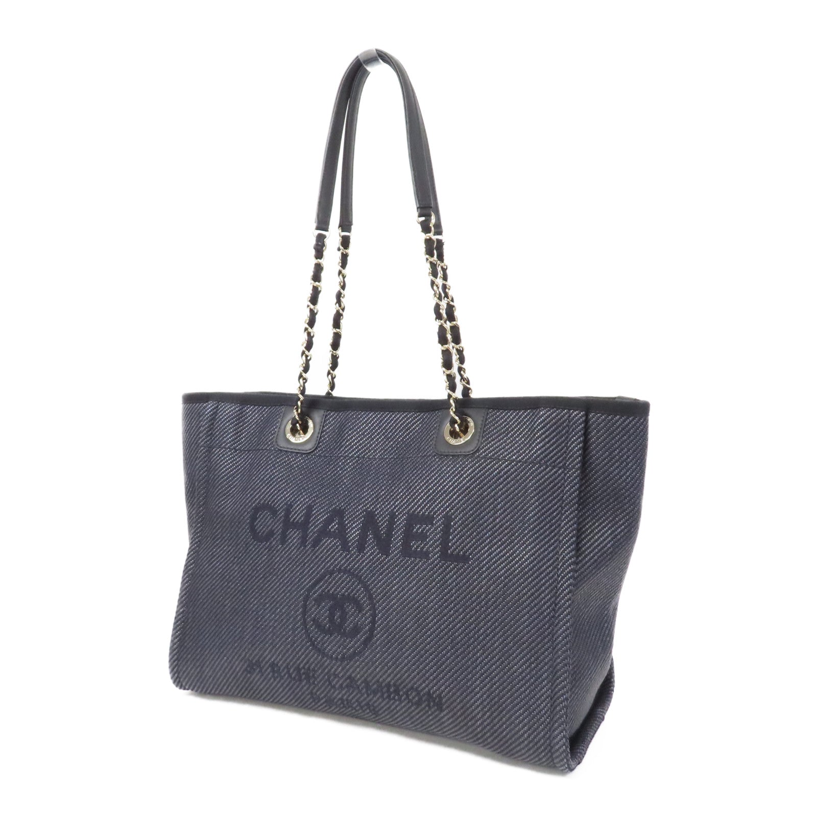 CHANEL 帆布Deauville銀扣手挽袋黑色