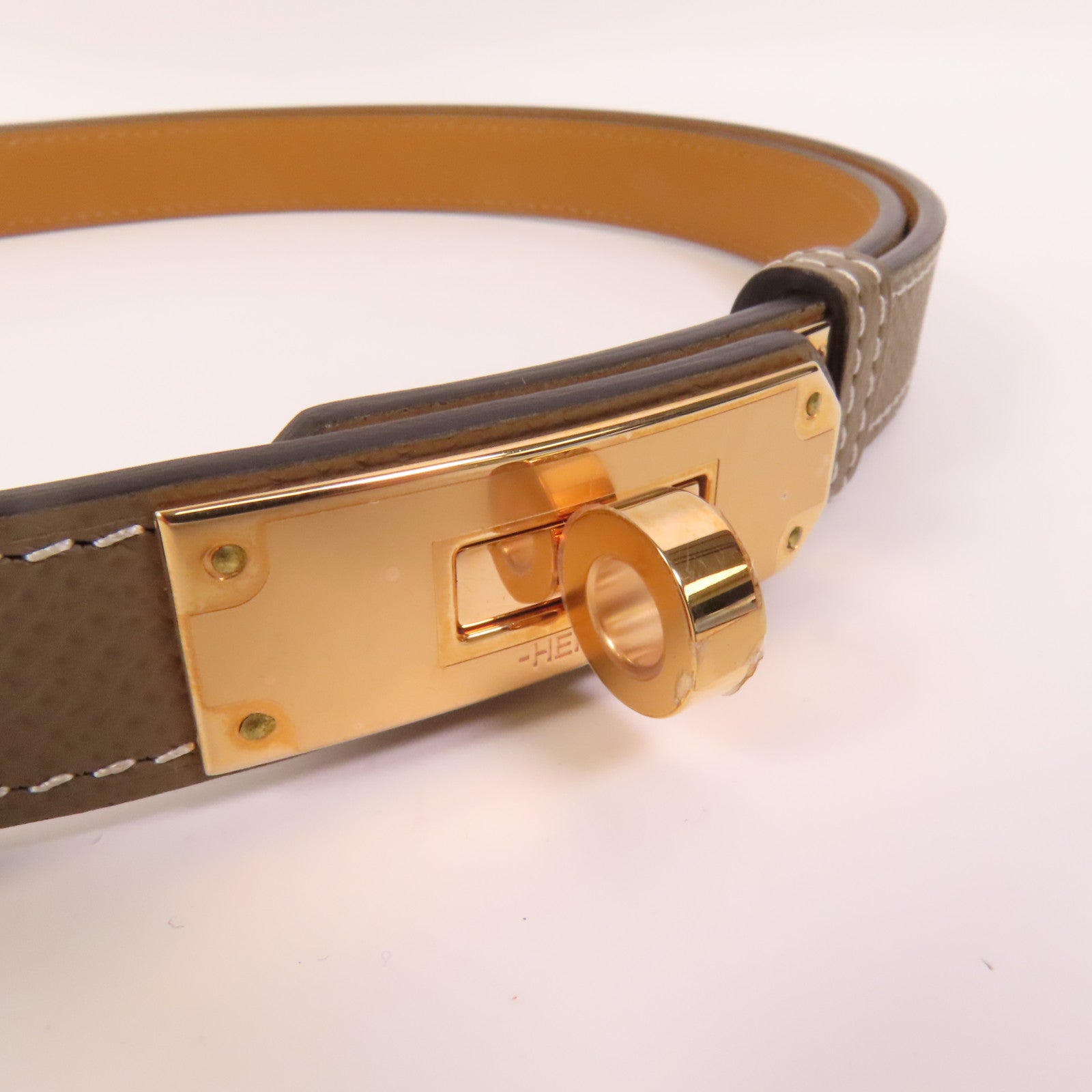 HERMES Epsom皮革Kelly Belt玫瑰金扣皮帶Etoupe