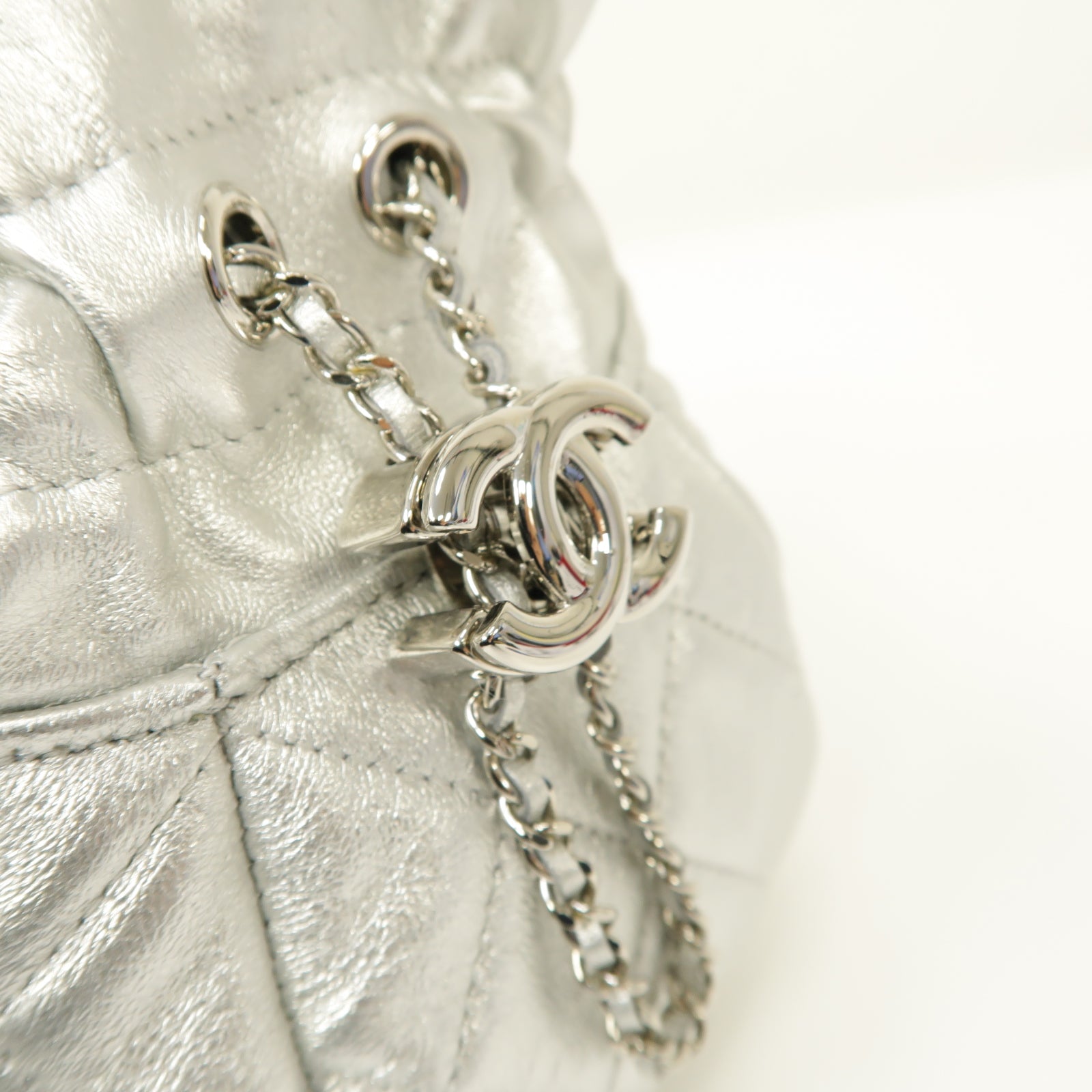 CHANEL 菱格牛皮皮革Chain Shoulder Bag銀扣鏈帶肩背袋銀色