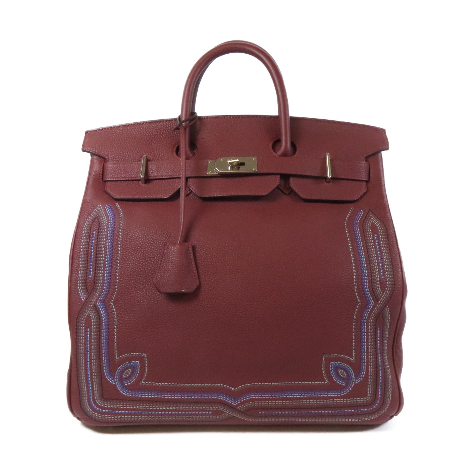 HERMES 【激減優惠】Togo皮革Haut A Courroies Western銀扣手挽袋酒紅色