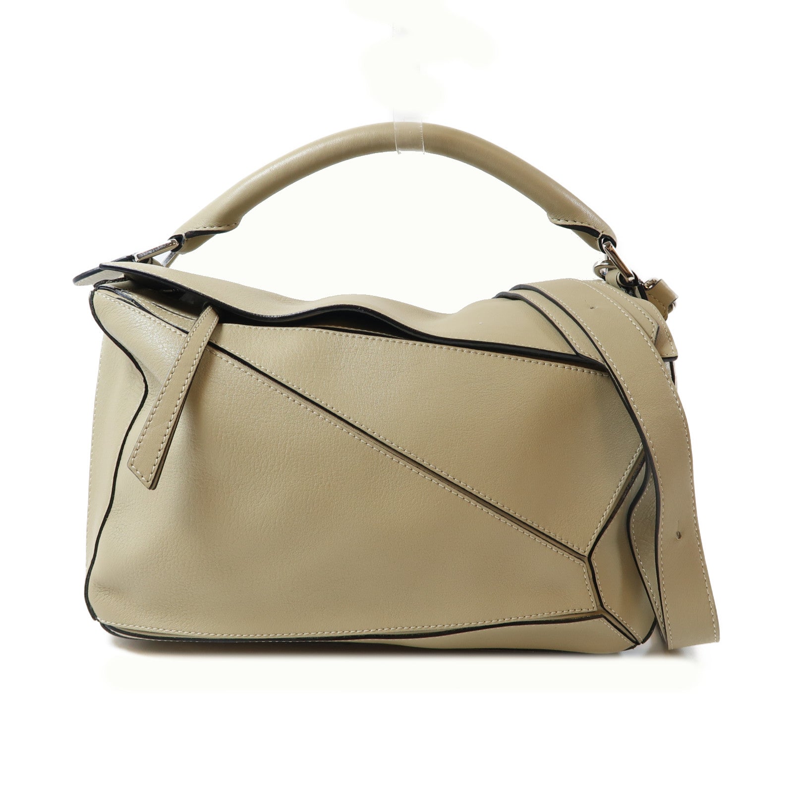 LOEWE 牛皮皮革Puzzle銀扣手挽肩背兩用袋卡其色