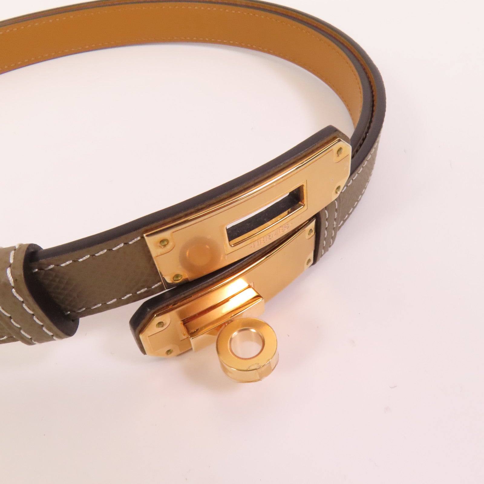 HERMES Epsom皮革Kelly Belt玫瑰金扣皮帶Etoupe