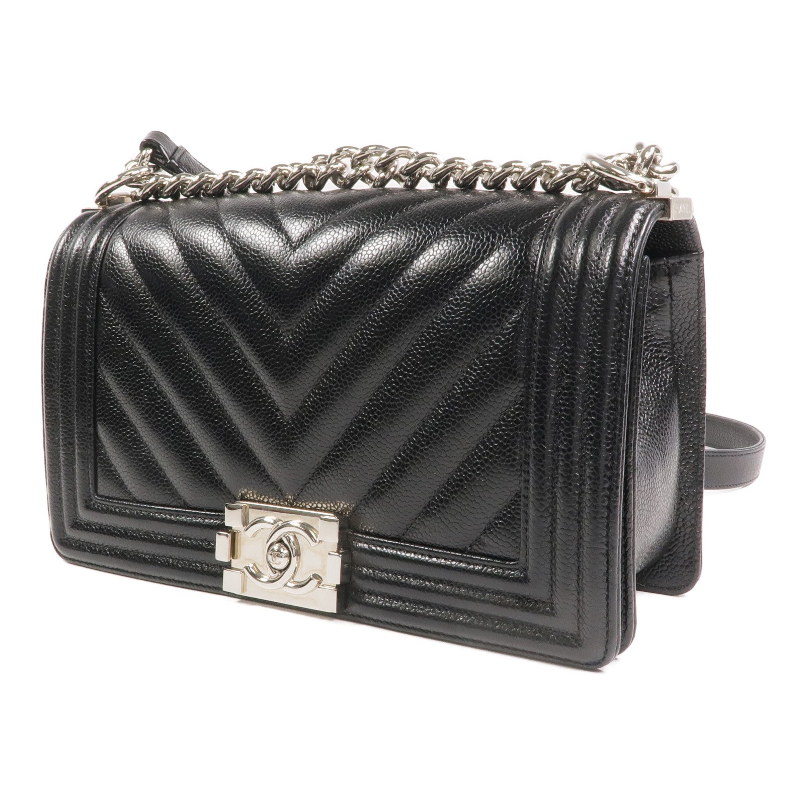 CHANEL 牛皮皮革Boy 25銀扣鏈帶肩背袋