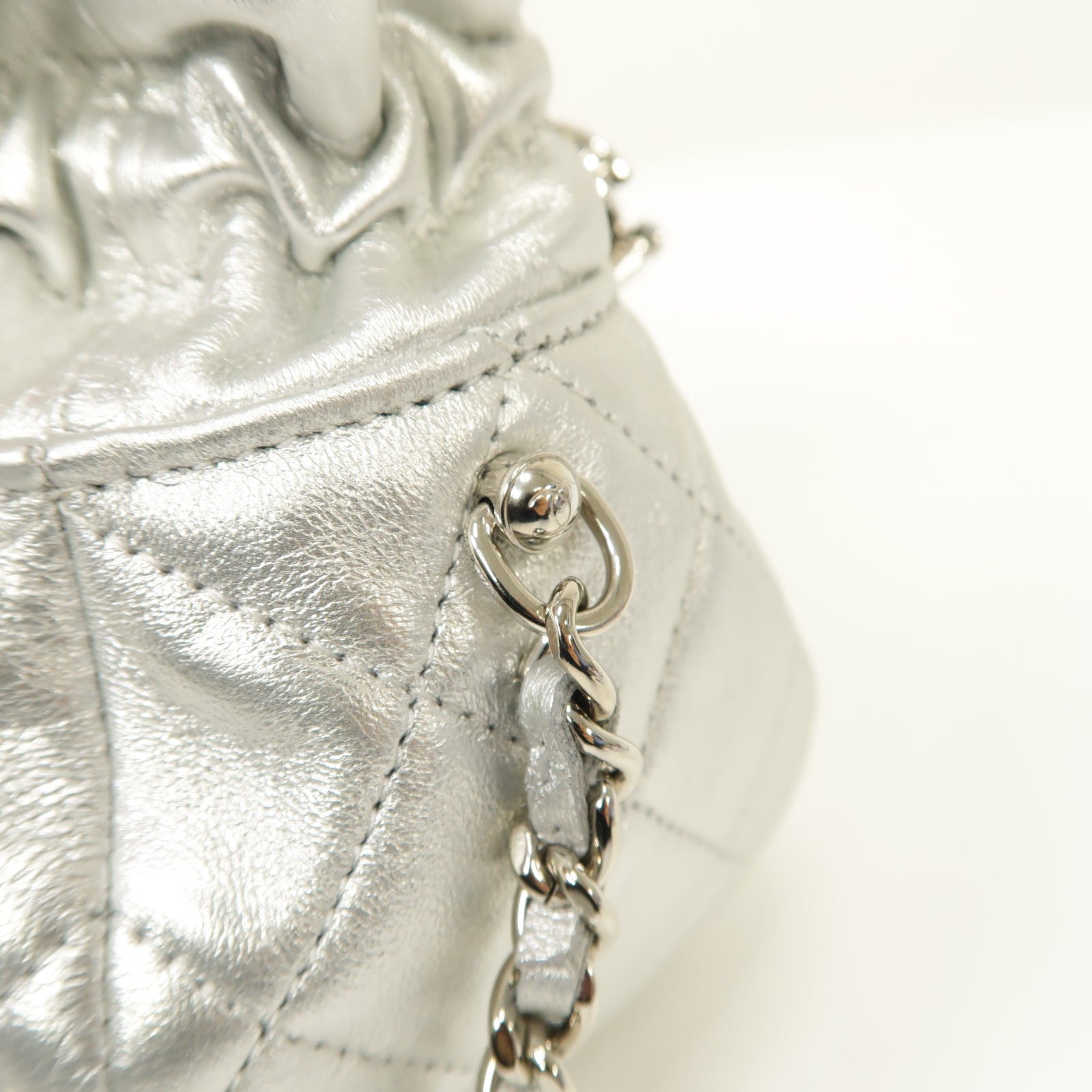 CHANEL 菱格牛皮皮革Chain Shoulder Bag銀扣鏈帶肩背袋銀色