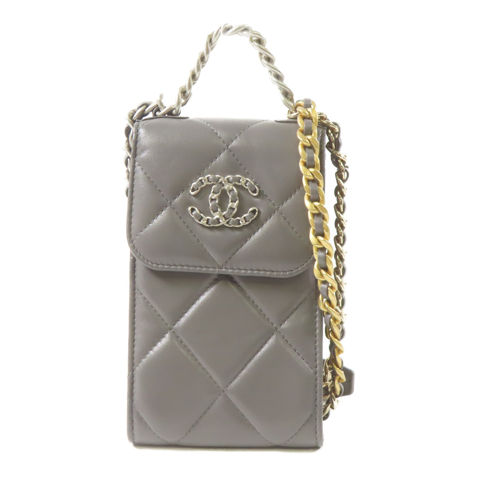 CHANEL 菱格羊皮皮革19 Phone Case鏈帶手挽肩背兩用袋灰色