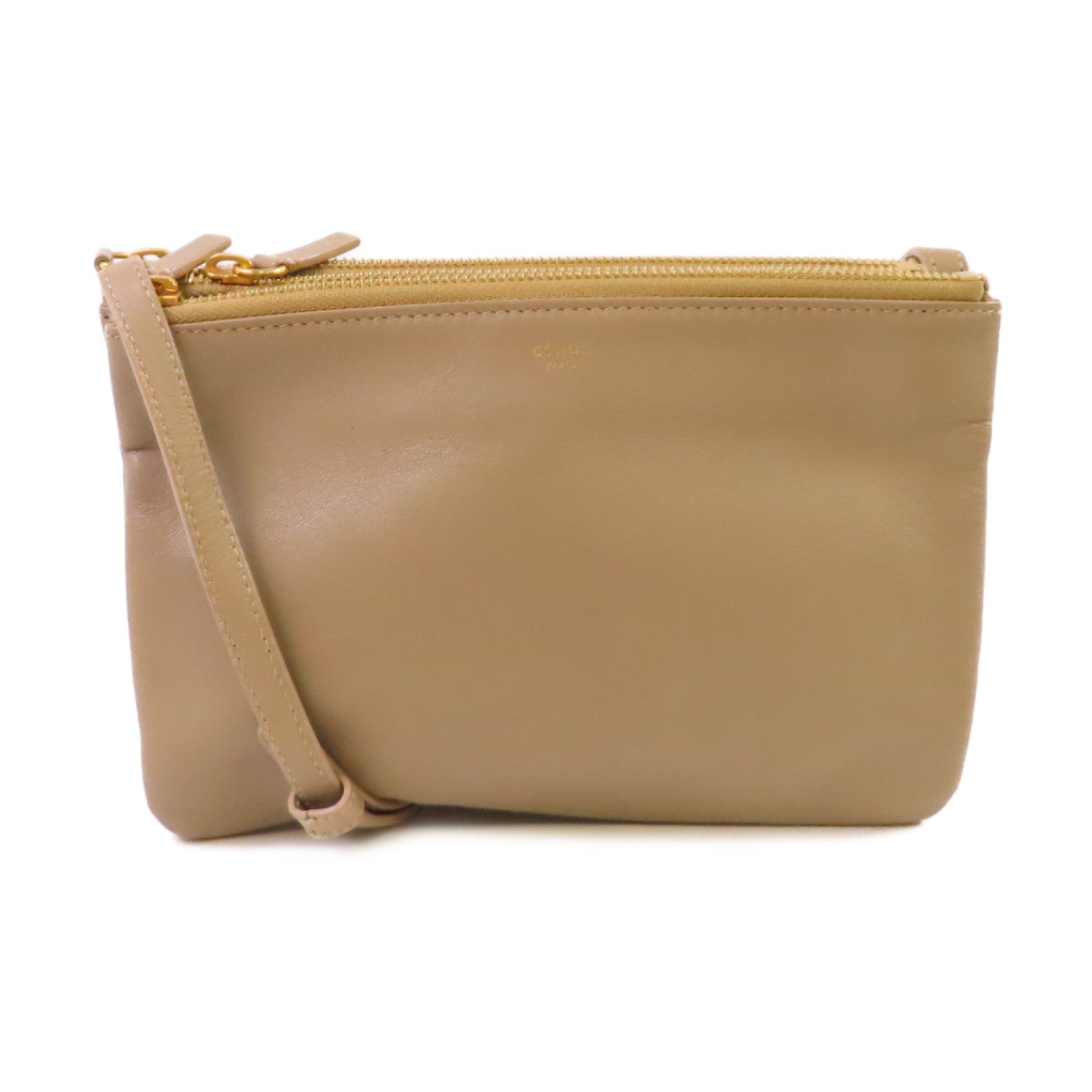CELINE 牛皮皮革Trio Shoulder Bag金扣肩背袋米色