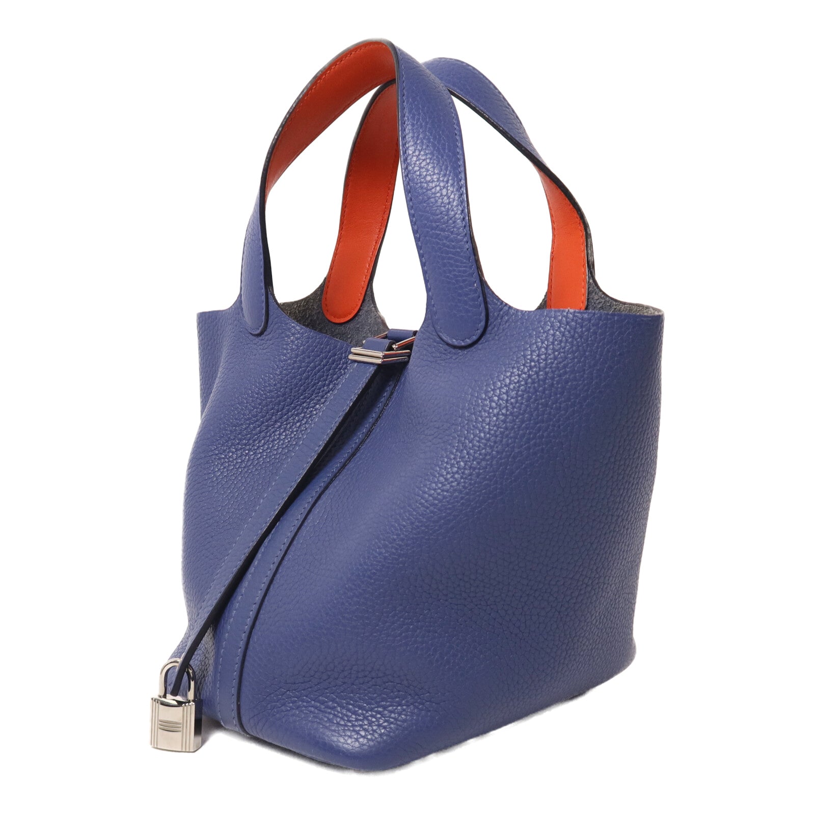 HERMES Clemence皮革Picotin PM銀扣手挽袋Bleu Brighton/Capucine