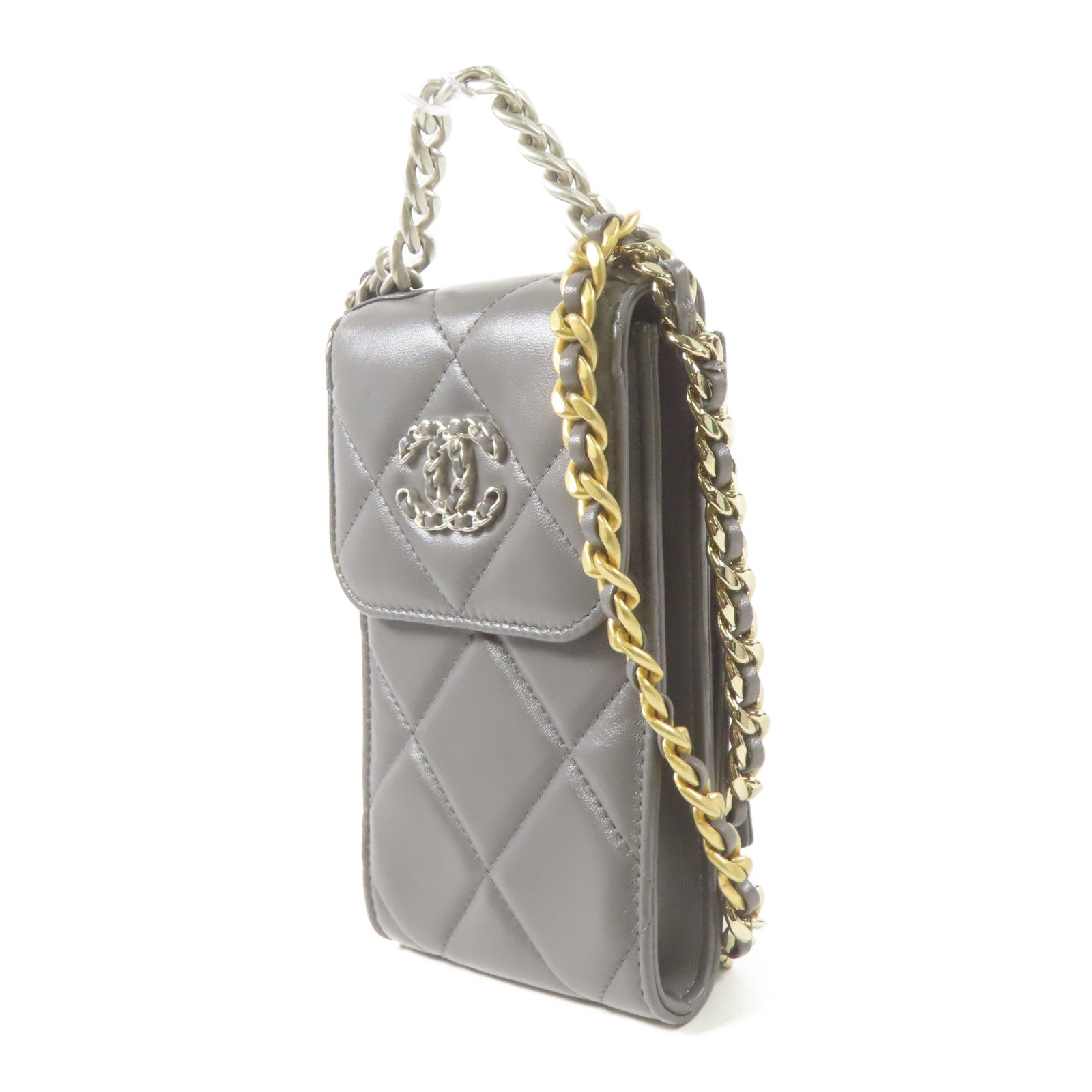 CHANEL 菱格羊皮皮革19 Phone Case鏈帶手挽肩背兩用袋灰色