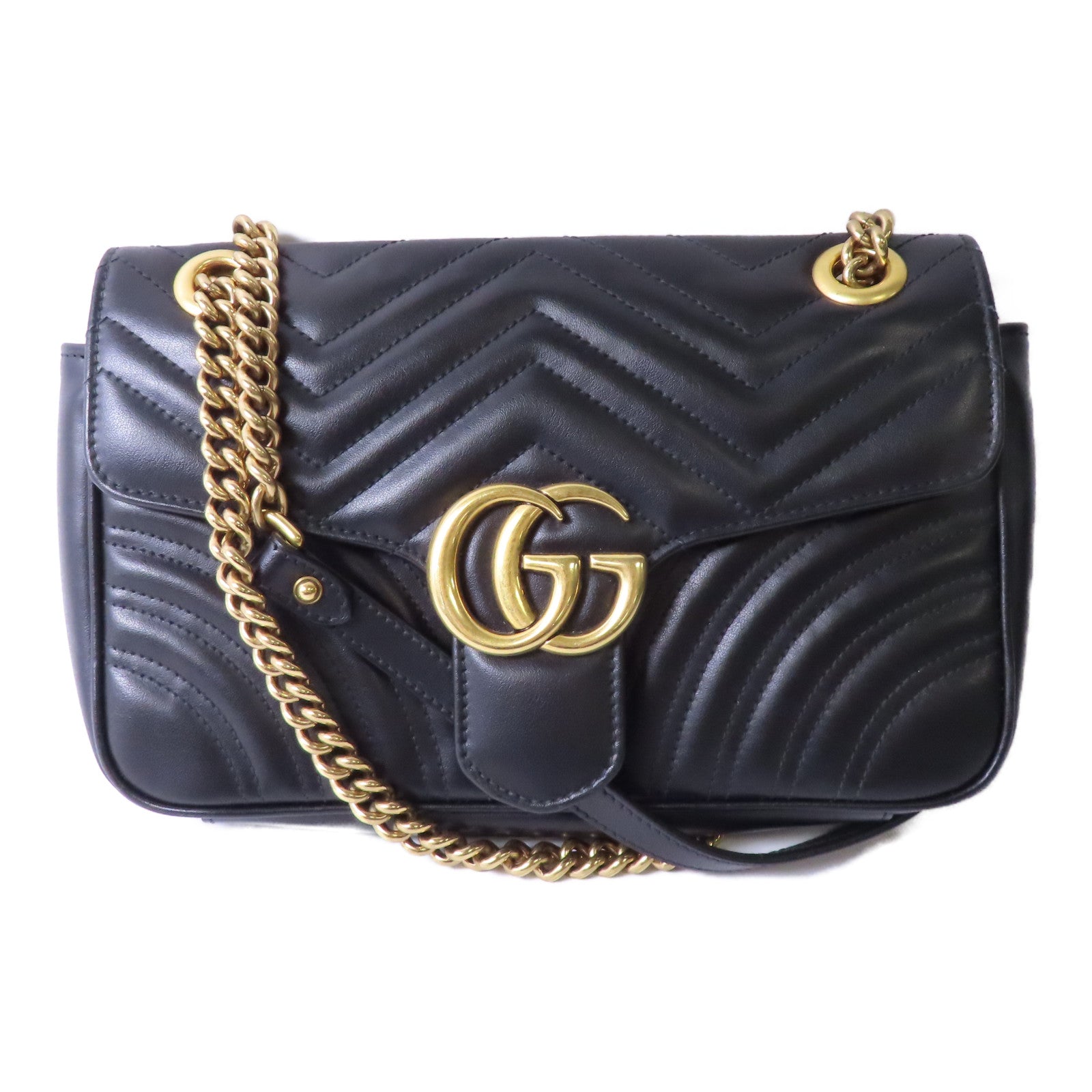 GUCCI 牛皮皮革GG Marmont Chain Shoulder Bag金扣鏈帶肩背袋黑色