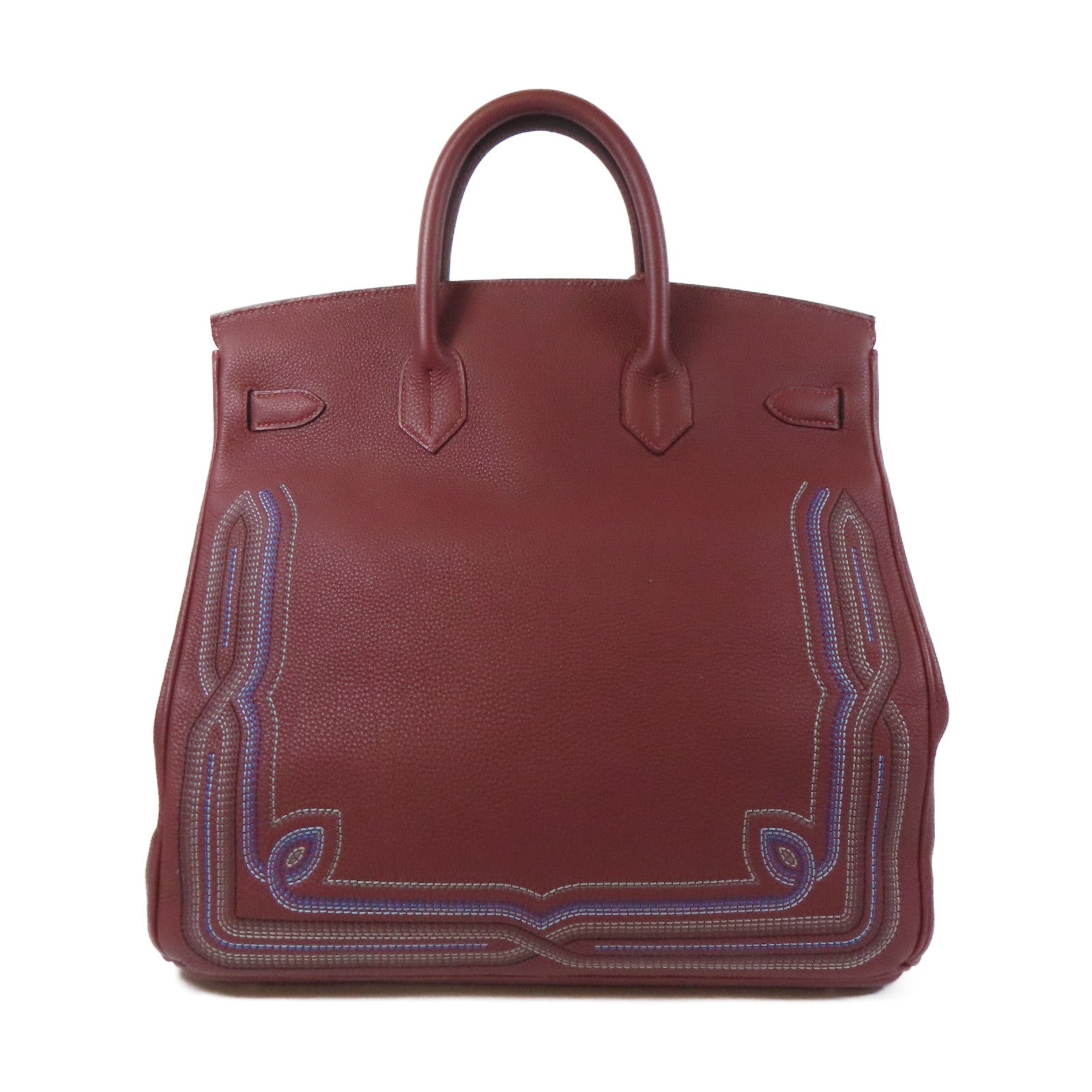 HERMES 【激減優惠】Togo皮革Haut A Courroies Western銀扣手挽袋酒紅色