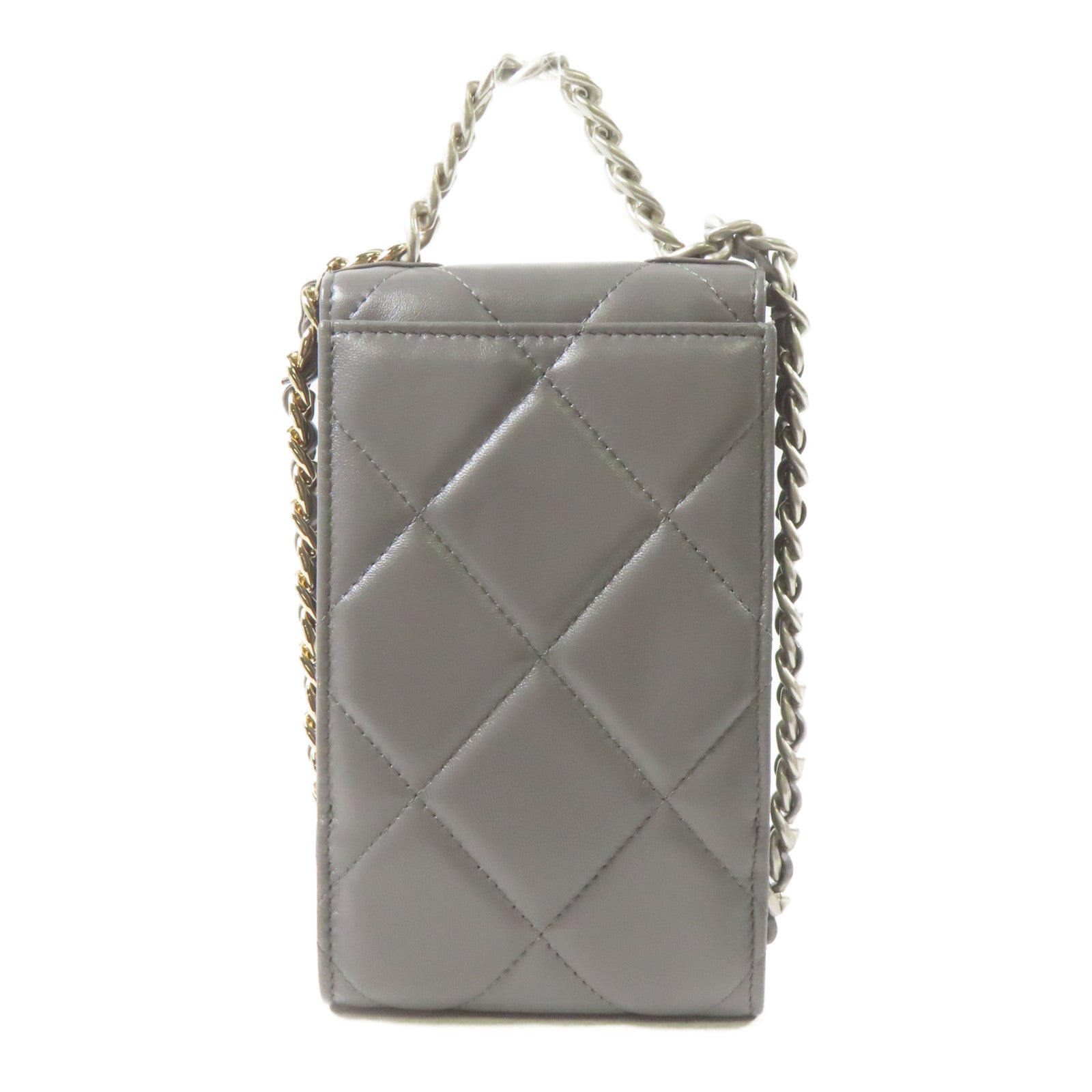 CHANEL 菱格羊皮皮革19 Phone Case鏈帶手挽肩背兩用袋灰色