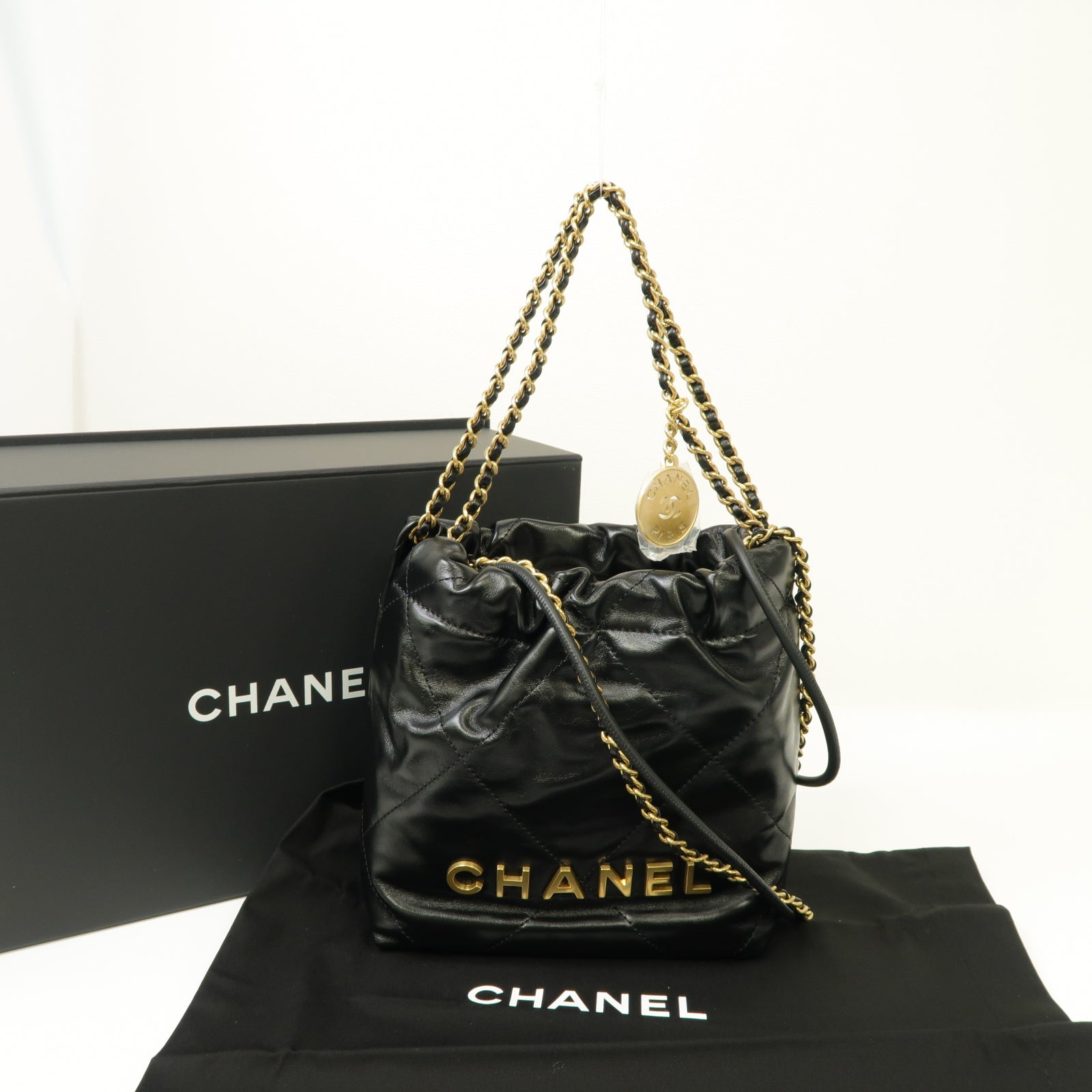CHANEL 【激減優惠】菱格牛皮皮革22 Mini金扣手挽肩背兩用袋黒色