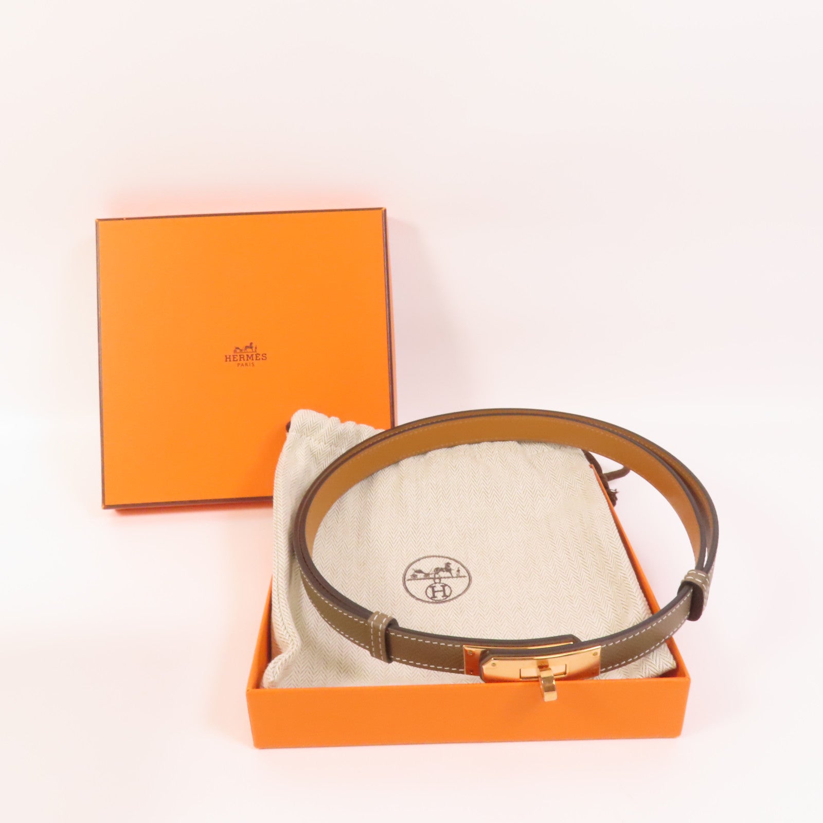 HERMES Epsom皮革Kelly Belt玫瑰金扣皮帶Etoupe