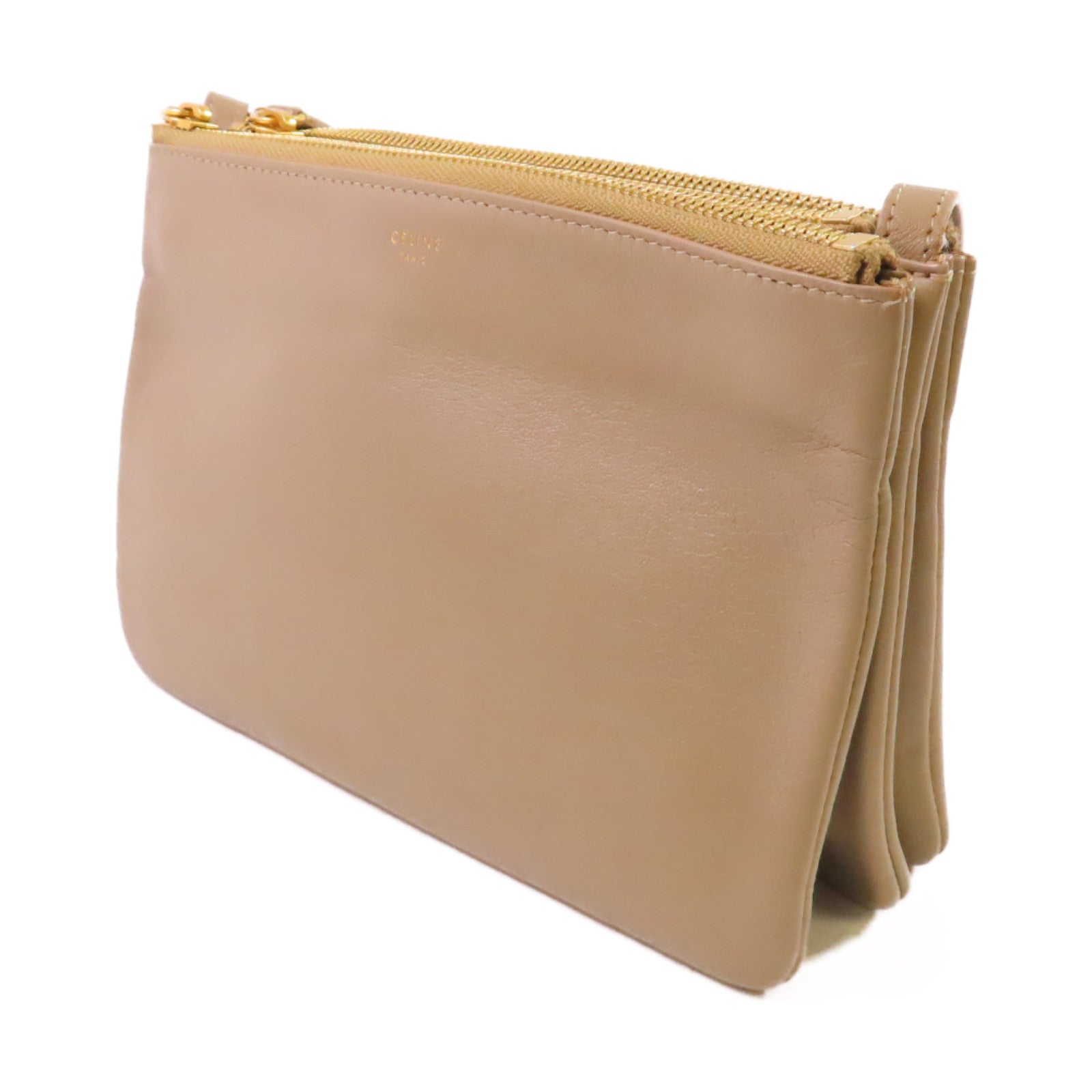 CELINE 牛皮皮革Trio Shoulder Bag金扣肩背袋米色