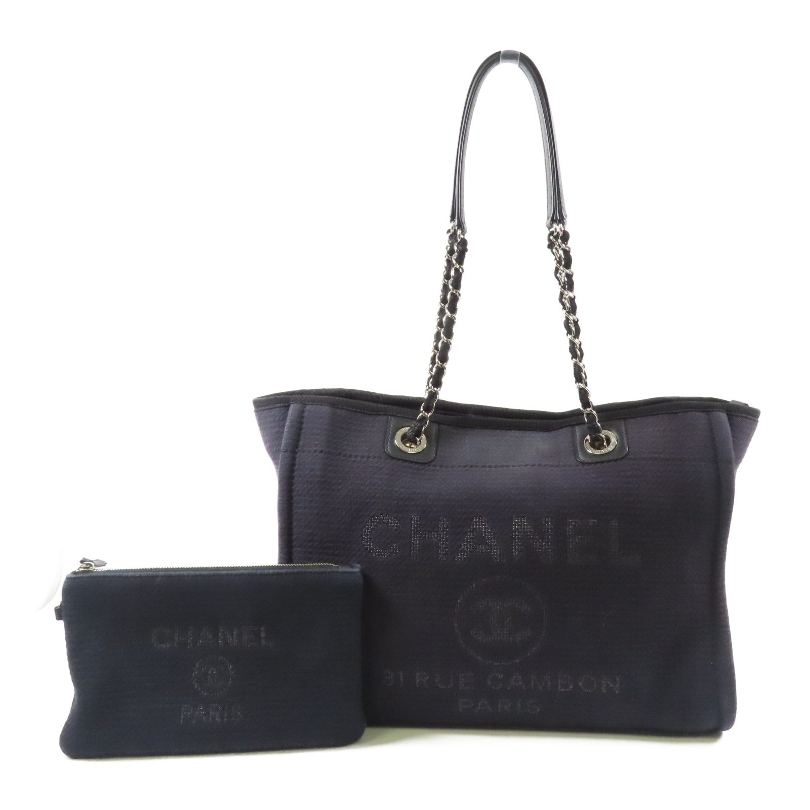 CHANEL 帆布Deauville Tote Bag銀扣手挽袋