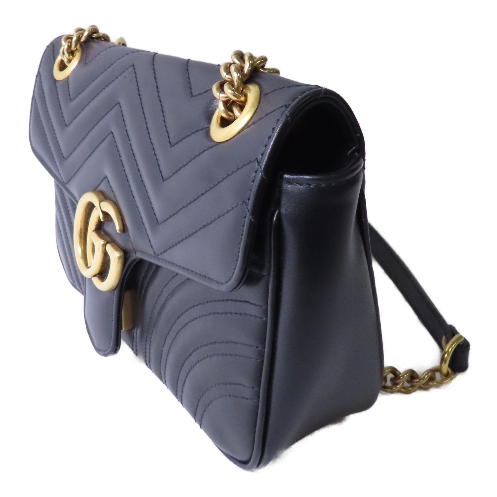 GUCCI 牛皮皮革GG Marmont Chain Shoulder Bag金扣鏈帶肩背袋黑色