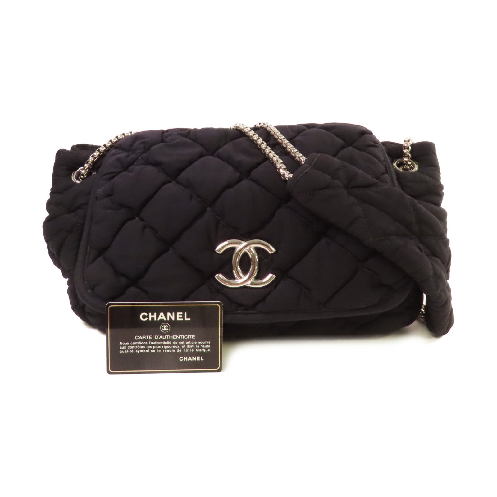 CHANEL 菱格布料Chain Shoulder Bag銀扣鏈帶肩背袋黑色