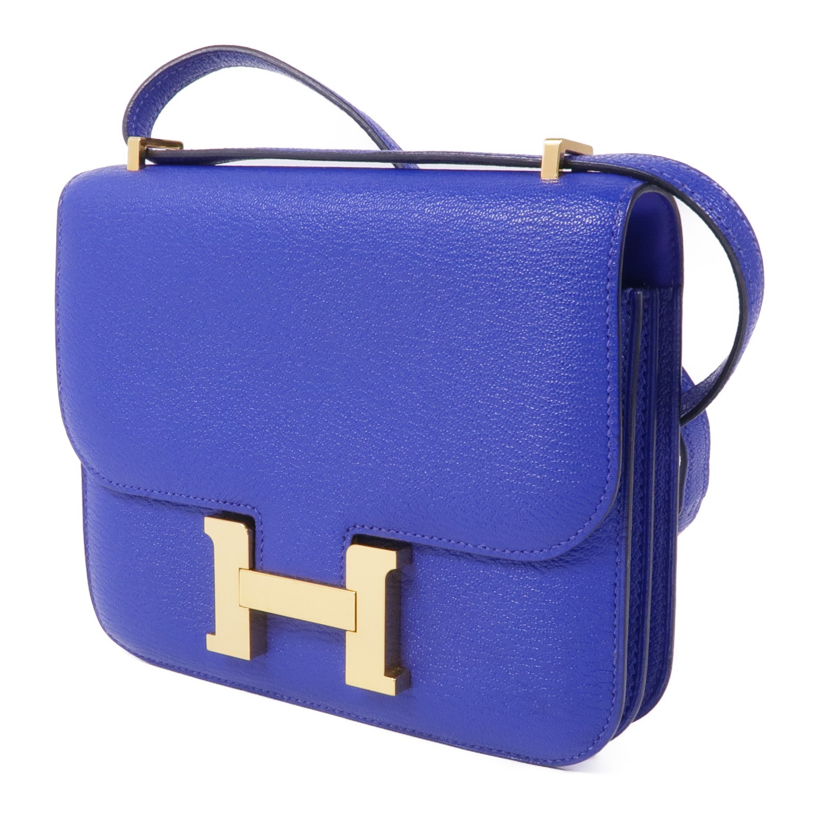 HERMES Chevre皮革Mini Constance金扣肩背袋Bleu Electrique