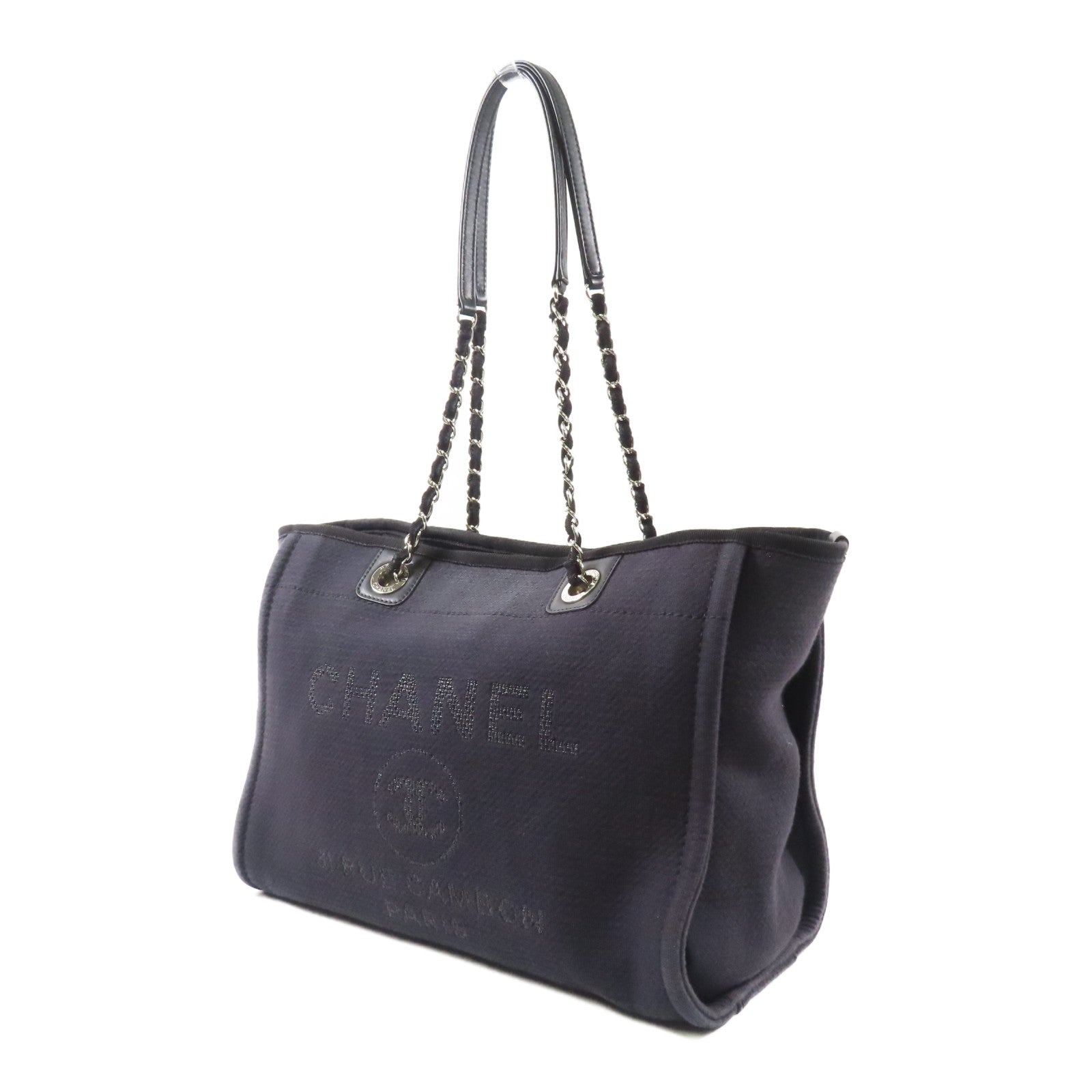 CHANEL 帆布Deauville Tote Bag銀扣手挽袋