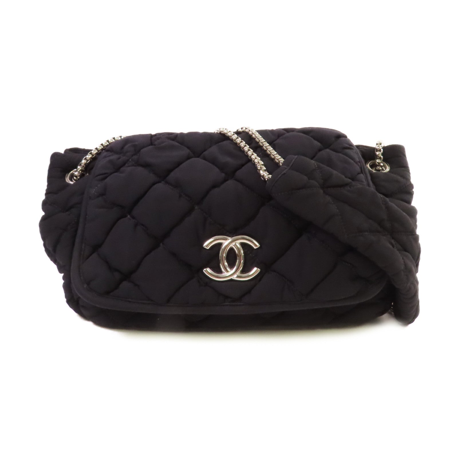 CHANEL 菱格布料Chain Shoulder Bag銀扣鏈帶肩背袋黑色