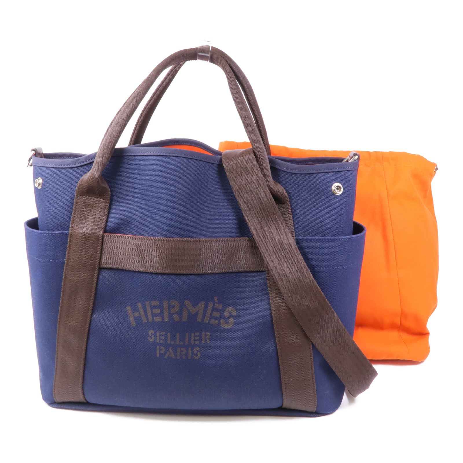 HERMES 帆布Sac De Pansage Groom手挽肩背兩用袋Bleu Indigo/Feu