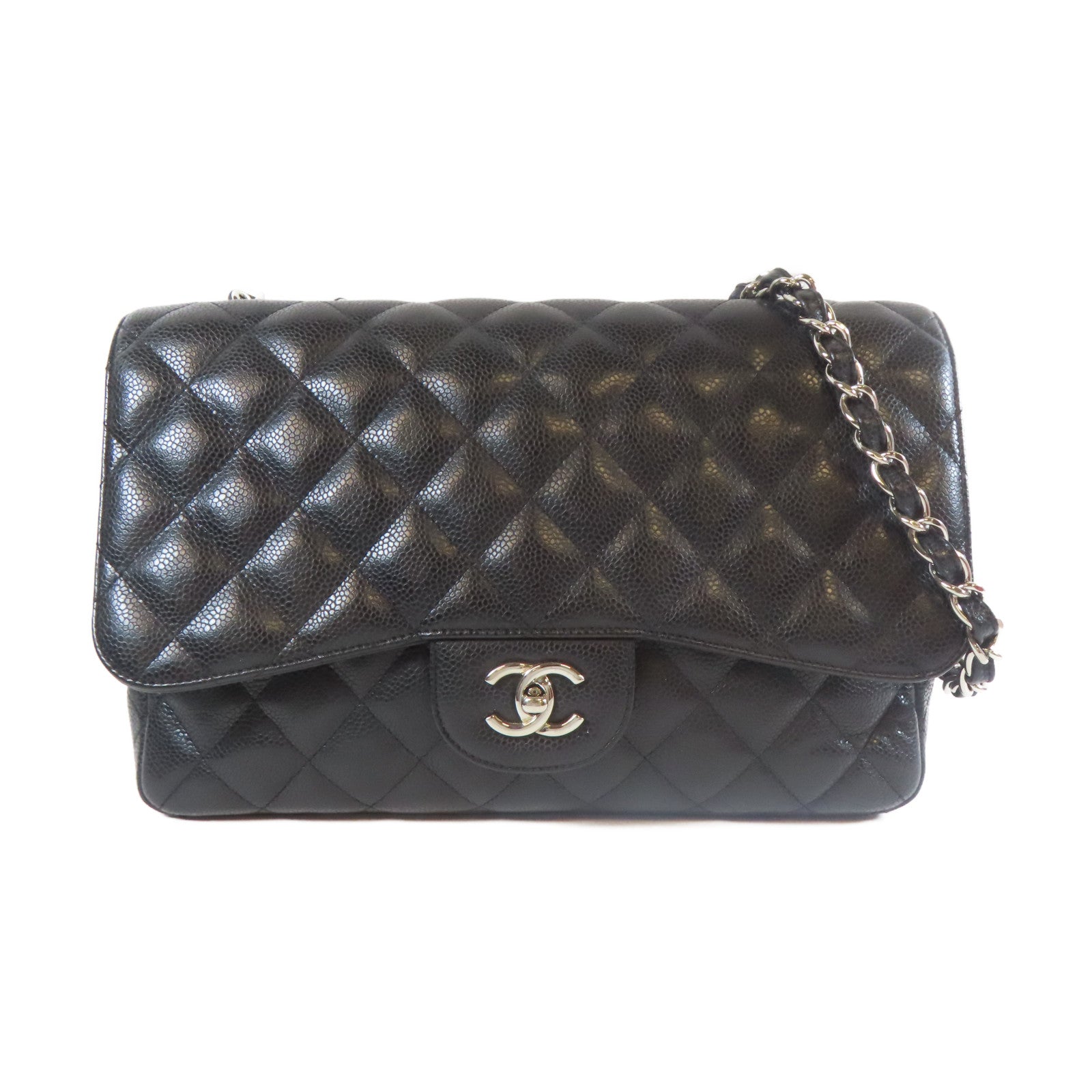 CHANEL 菱格Caviar皮革Jumbo銀扣鏈帶肩背袋黑色