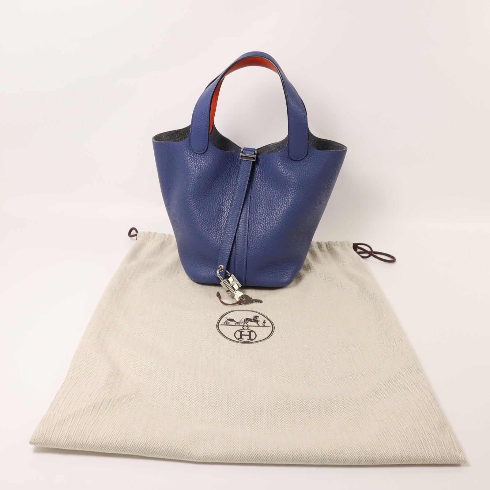 HERMES Clemence皮革Picotin PM銀扣手挽袋Bleu Brighton/Capucine