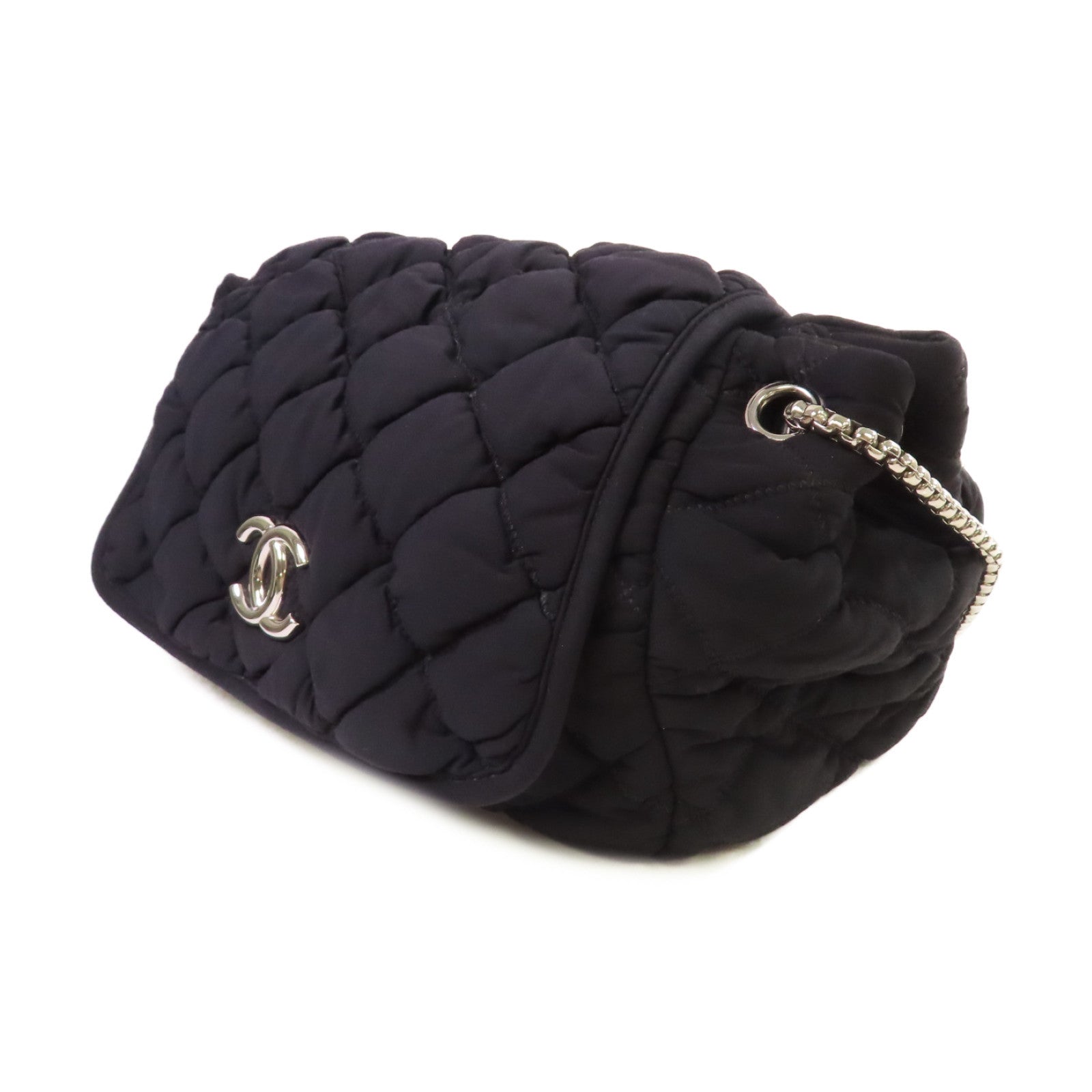 CHANEL 菱格布料Chain Shoulder Bag銀扣鏈帶肩背袋黑色