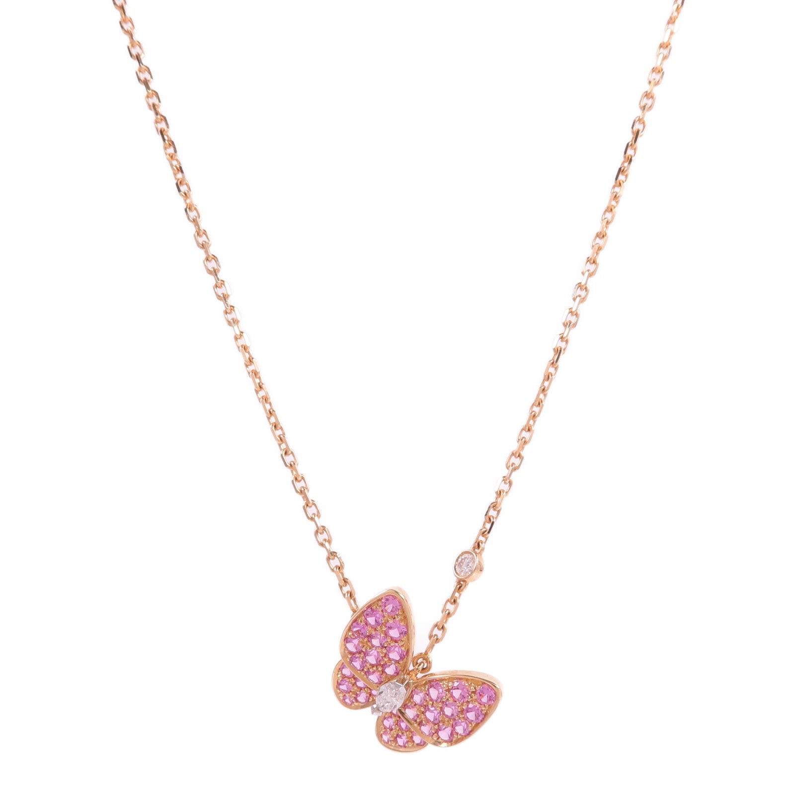 Van Cleef & Arpels 18K玫瑰金/白金Two Butterfly Pendant粉紅色藍寶石/鑽石項鍊