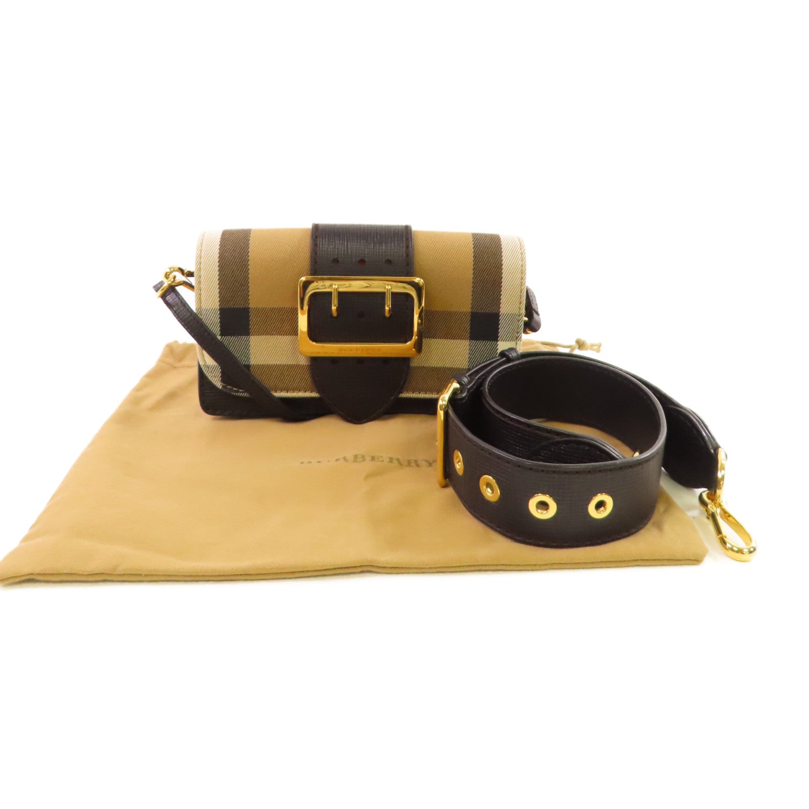 BURBERRY 帆布/牛皮皮革Wallet Shoulder Bag金扣肩背袋啡色/黑色