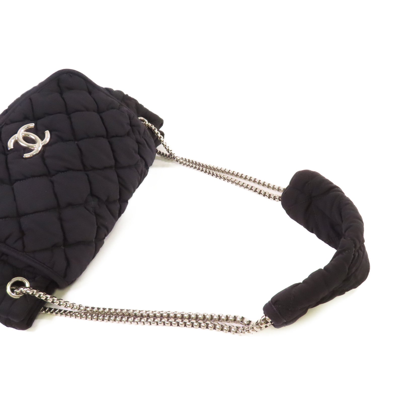 CHANEL 菱格布料Chain Shoulder Bag銀扣鏈帶肩背袋黑色