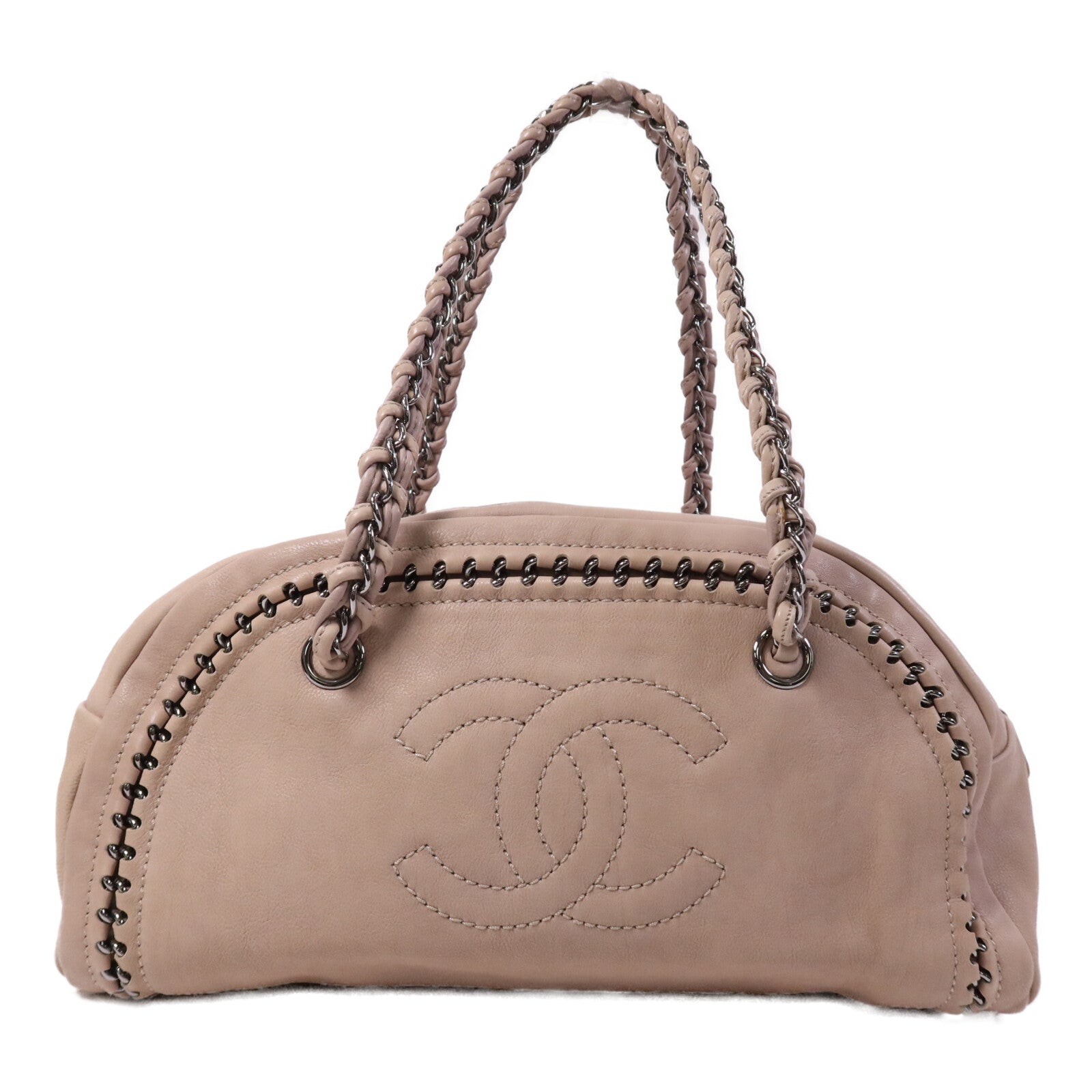 CHANEL 牛皮皮革Boston Bag銀扣鏈帶手挽袋