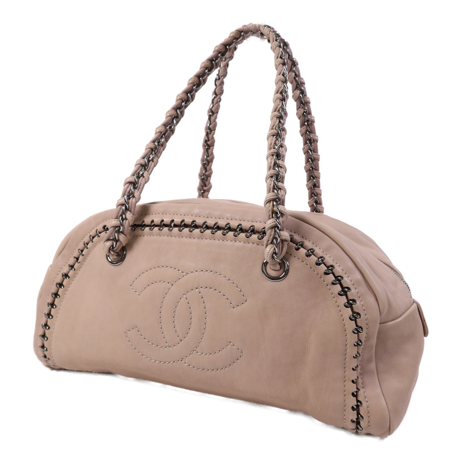 CHANEL 牛皮皮革Boston Bag銀扣鏈帶手挽袋
