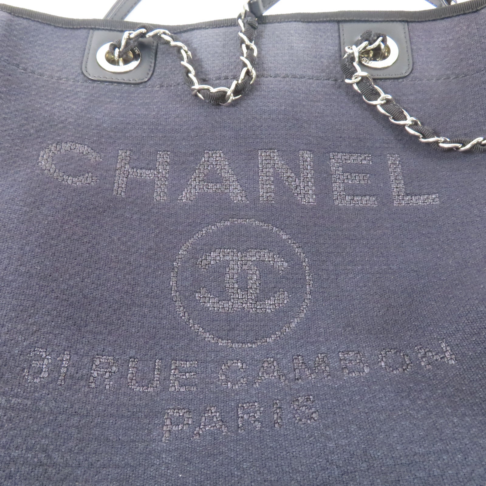 CHANEL 帆布Deauville Tote Bag銀扣手挽袋