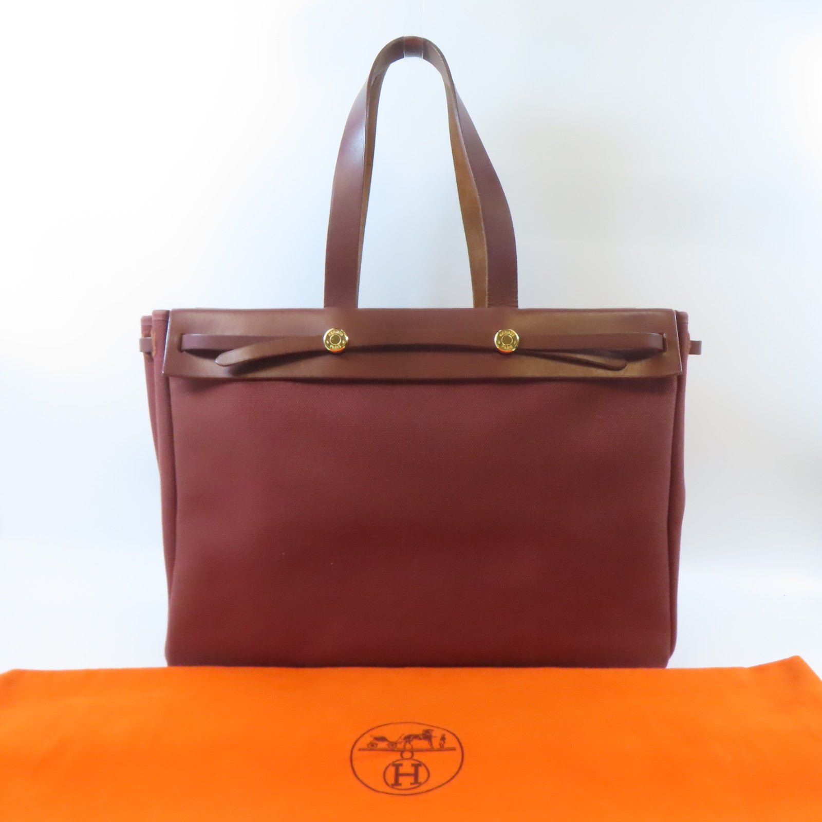 HERMES 帆布Herbag Cabas Toile金扣肩背袋啡色