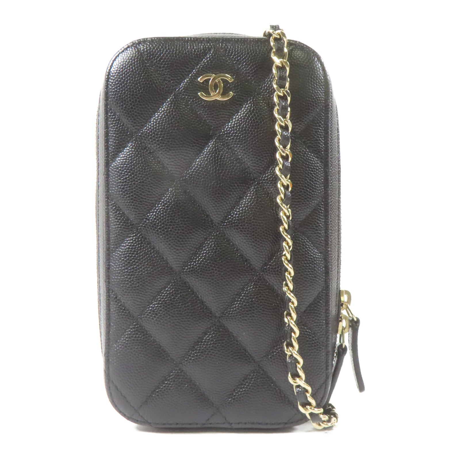 CHANEL 菱格Caviar皮革Chain Shoulder金扣鏈帶肩背袋黑色