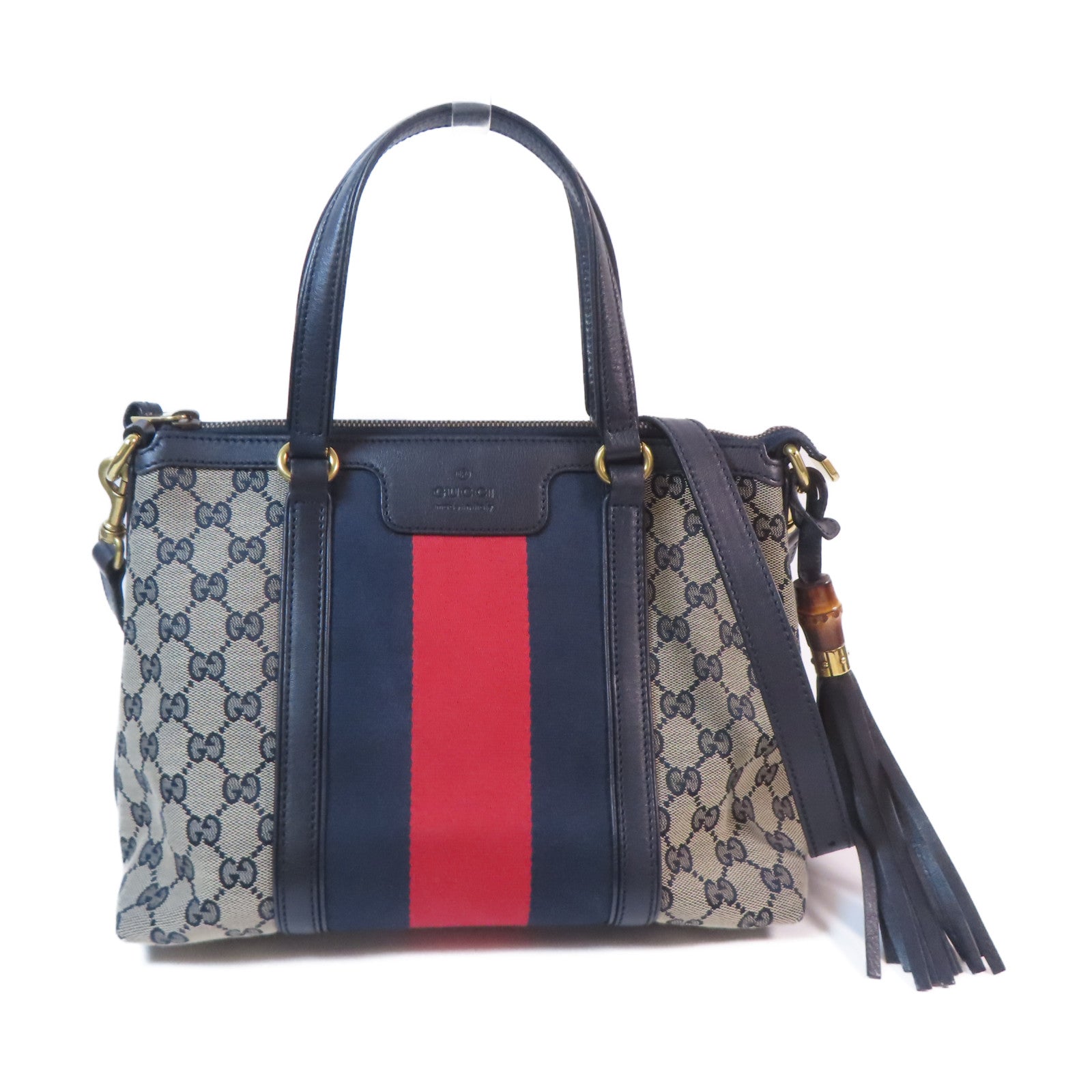 GUCCI 帆布Boston Bag金扣手挽肩背兩用袋啡色/深藍色