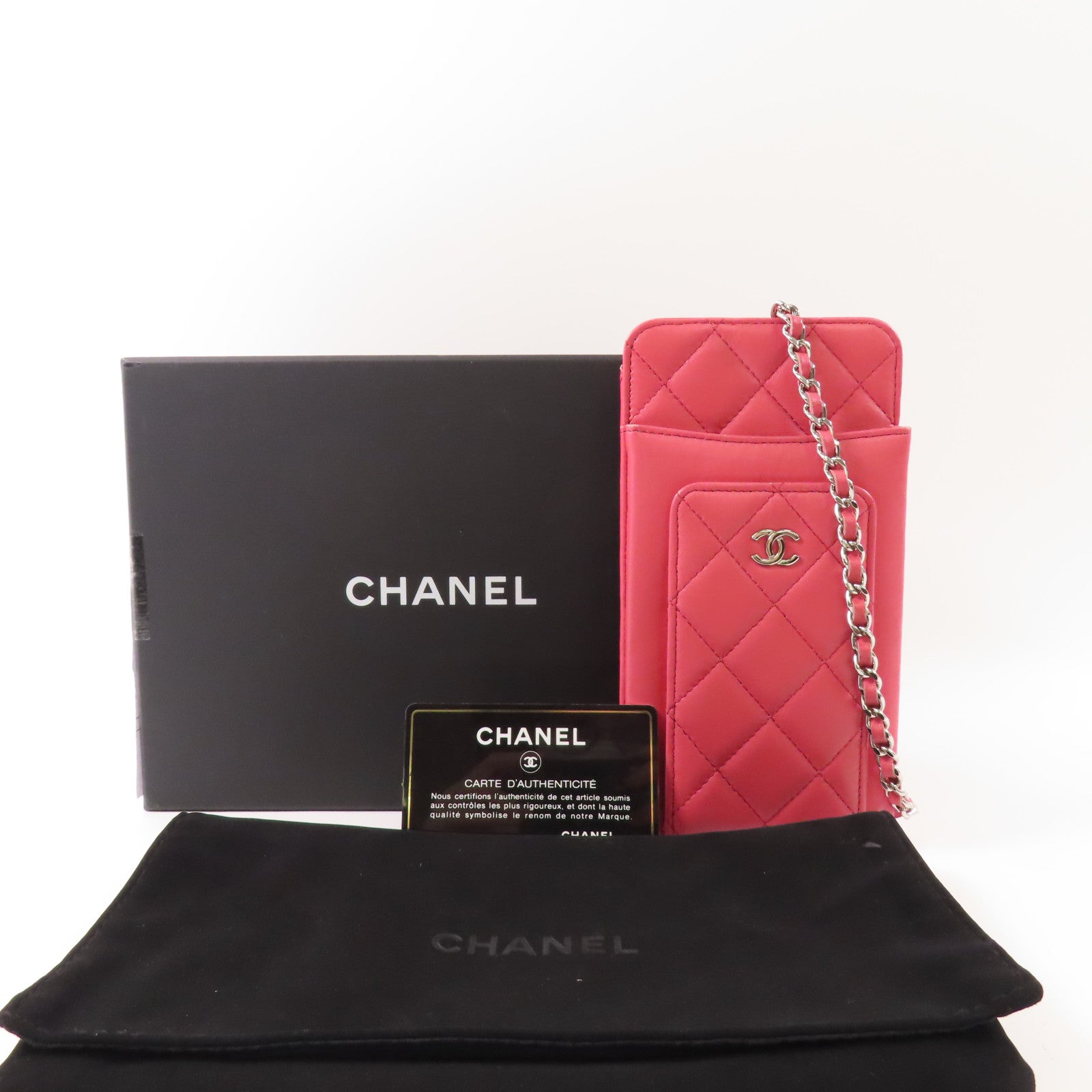 CHANEL 羊皮皮革Phone Case銀扣鏈帶肩背袋