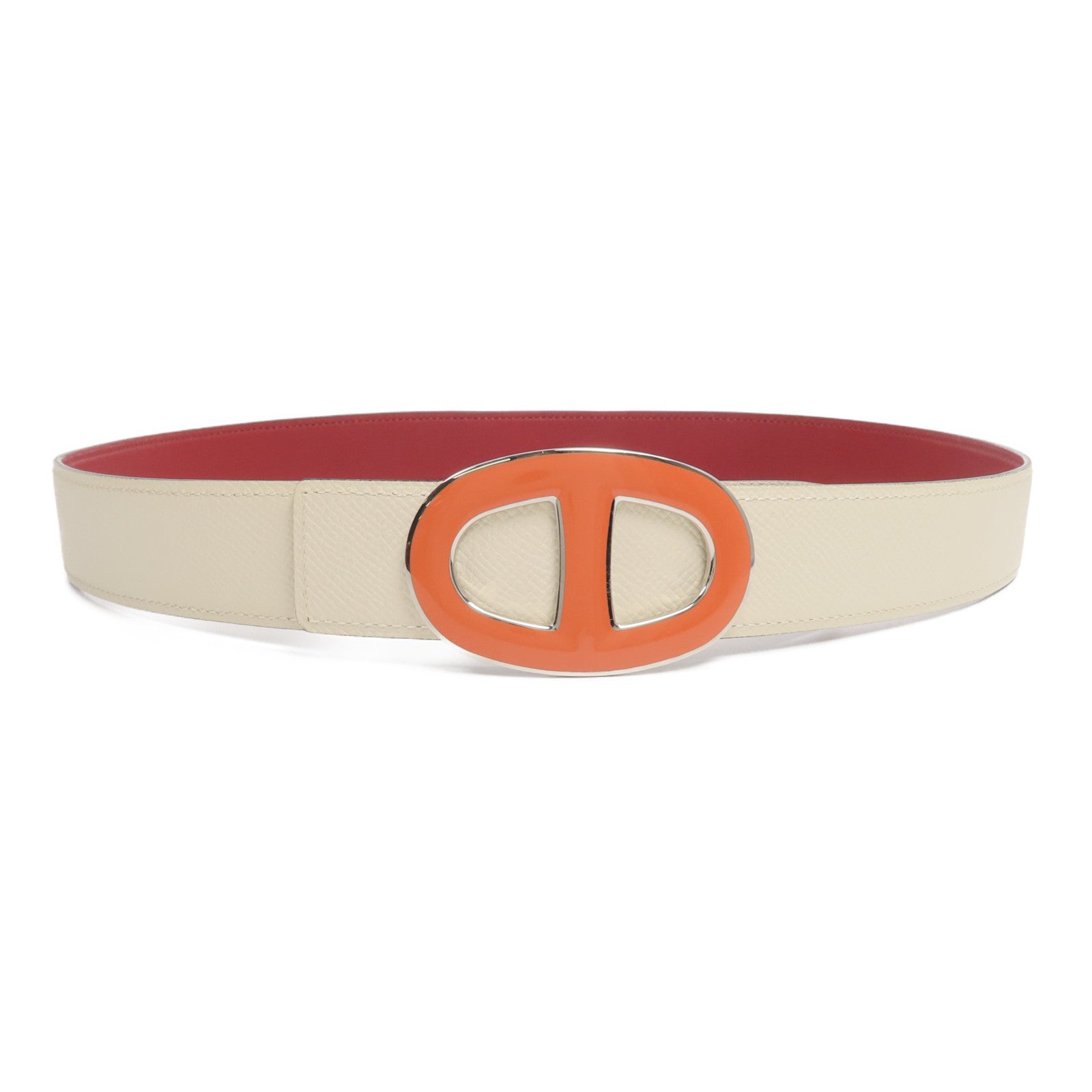 HERMES Epsom/Swift皮革Chaine d'Ancre Belt 90cm皮帶Craie/Rouge H