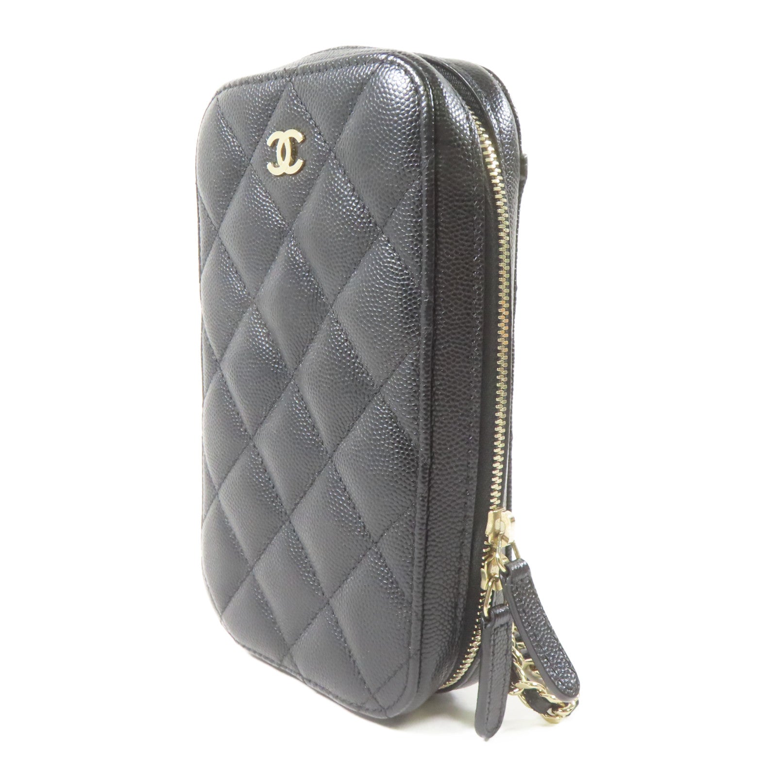CHANEL 菱格Caviar皮革Chain Shoulder金扣鏈帶肩背袋黑色