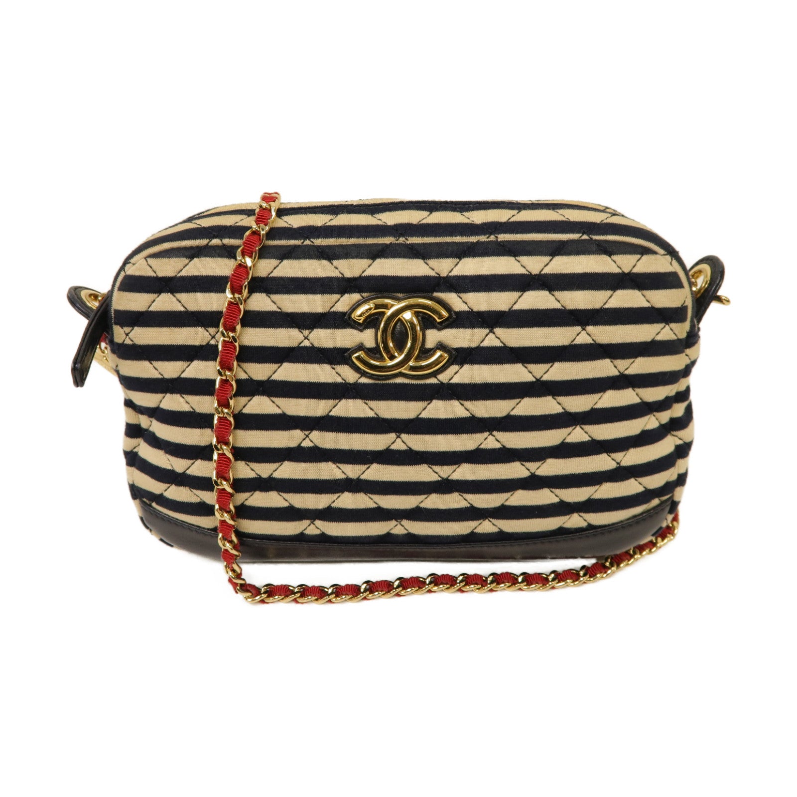 CHANEL 【激減優惠】帆布Chain Shoulder Bag金扣鏈帶肩背袋深藍色/米色