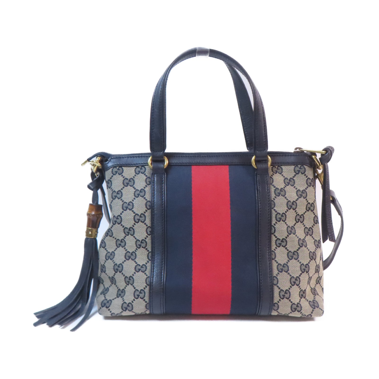 GUCCI 帆布Boston Bag金扣手挽肩背兩用袋啡色/深藍色