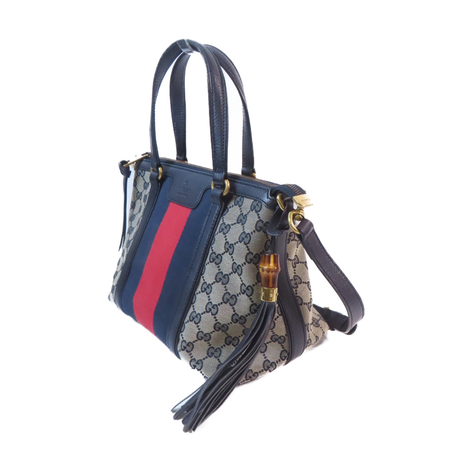 GUCCI 帆布Boston Bag金扣手挽肩背兩用袋啡色/深藍色