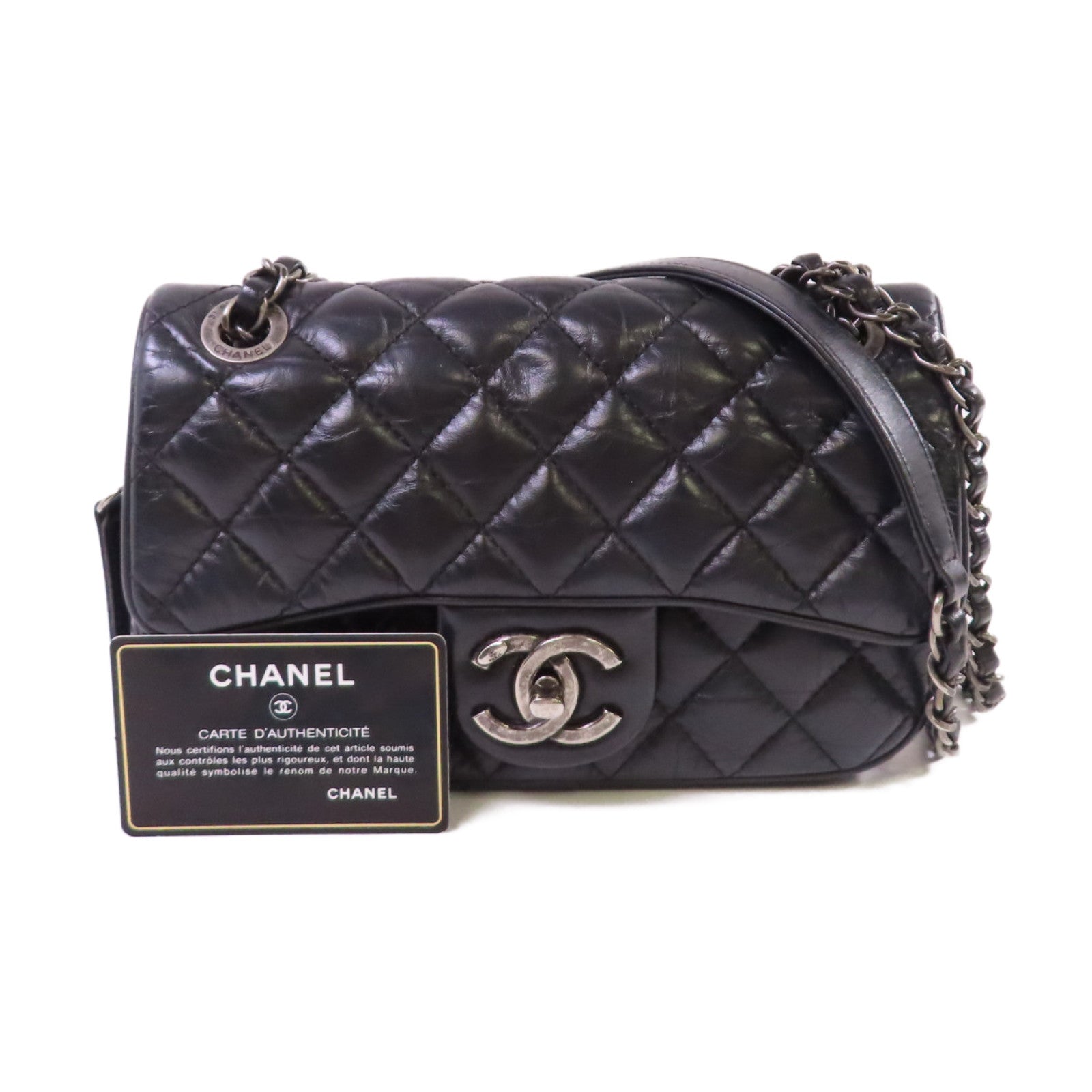 CHANEL 菱格牛皮皮革Chain Shoulder Bag銀扣鏈帶肩背袋黑色