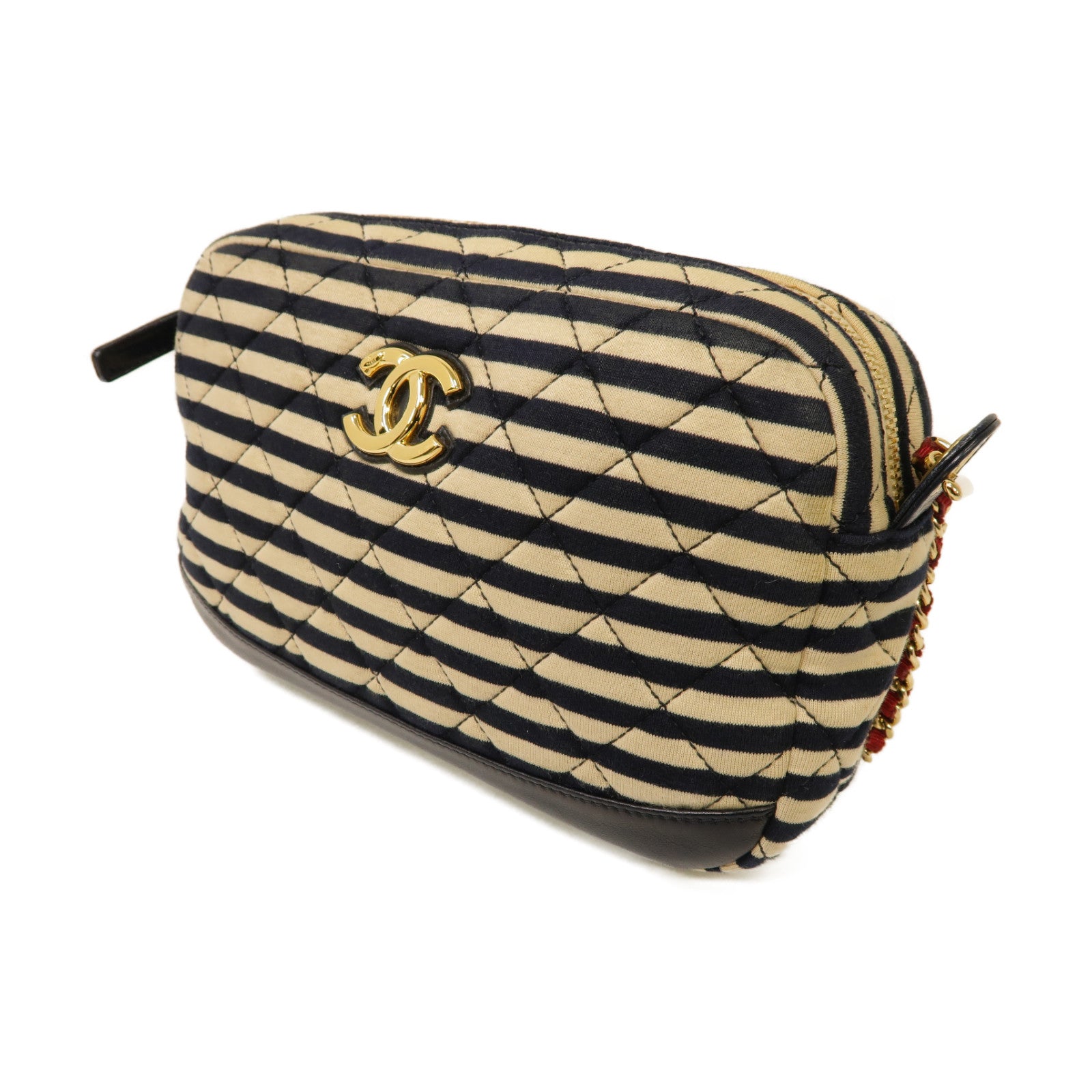 CHANEL 【激減優惠】帆布Chain Shoulder Bag金扣鏈帶肩背袋深藍色/米色